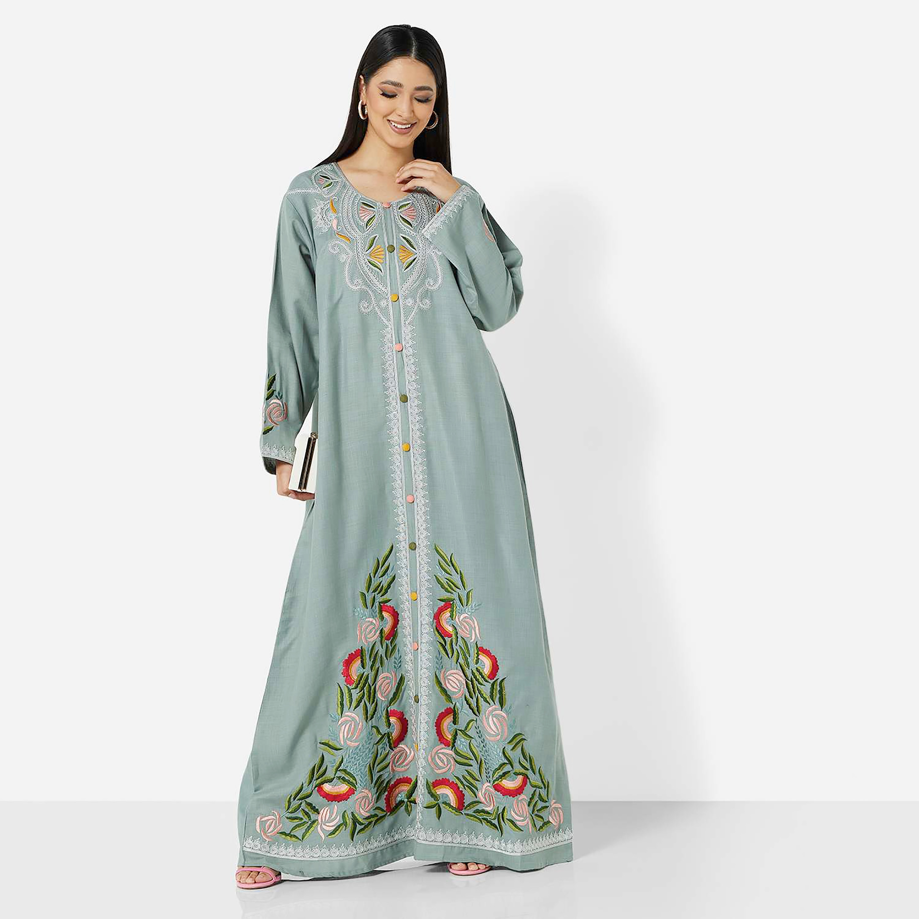 Hana & Sara Grey Embroidered Women's Jalabiya-women-arabicclothing-jalabiyas-image-3