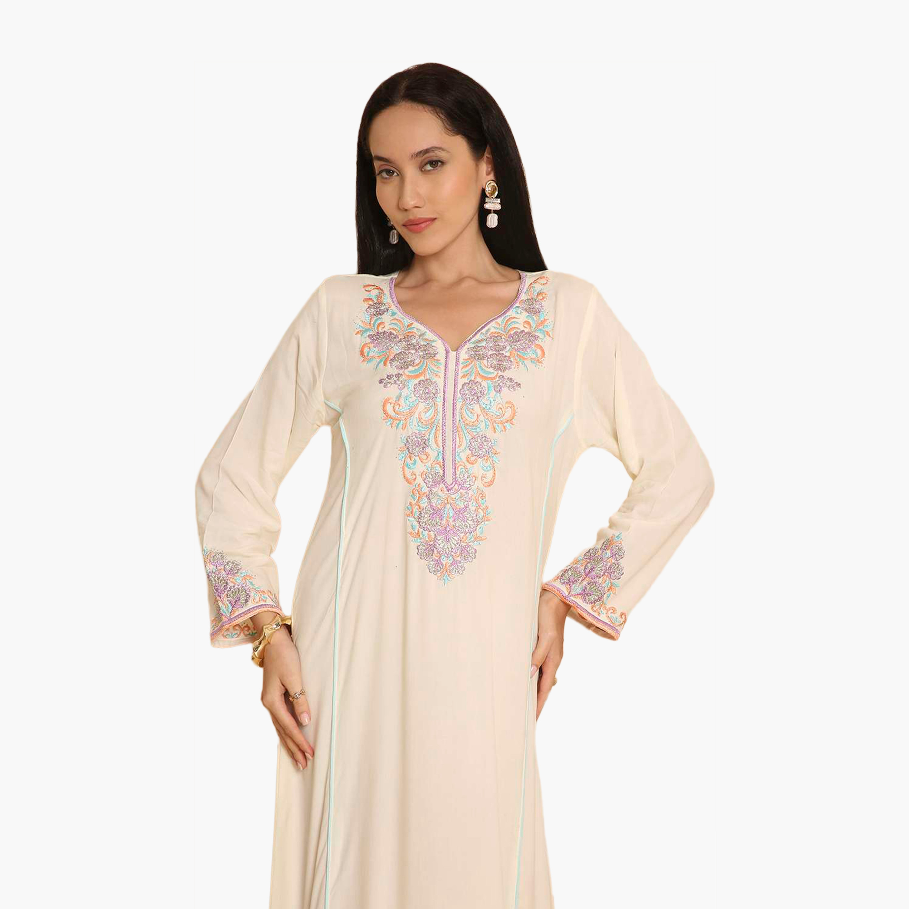 HanaandSara Floral Embroidered Yoke Women's Jalabiya-women-arabicclothing-jalabiyas-image-2