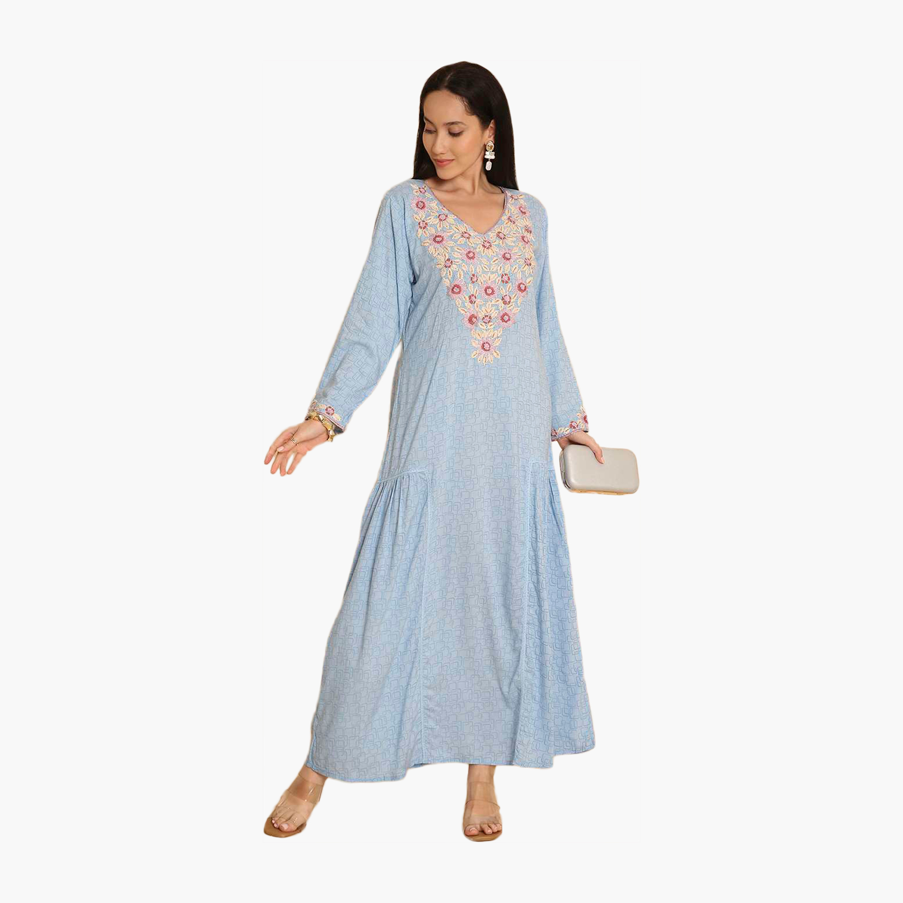 جلابية نسائية من بتطريز زهري كامل وقبة دائرية من هانا اند سارة-women-arabicclothing-jalabiyas-image-1