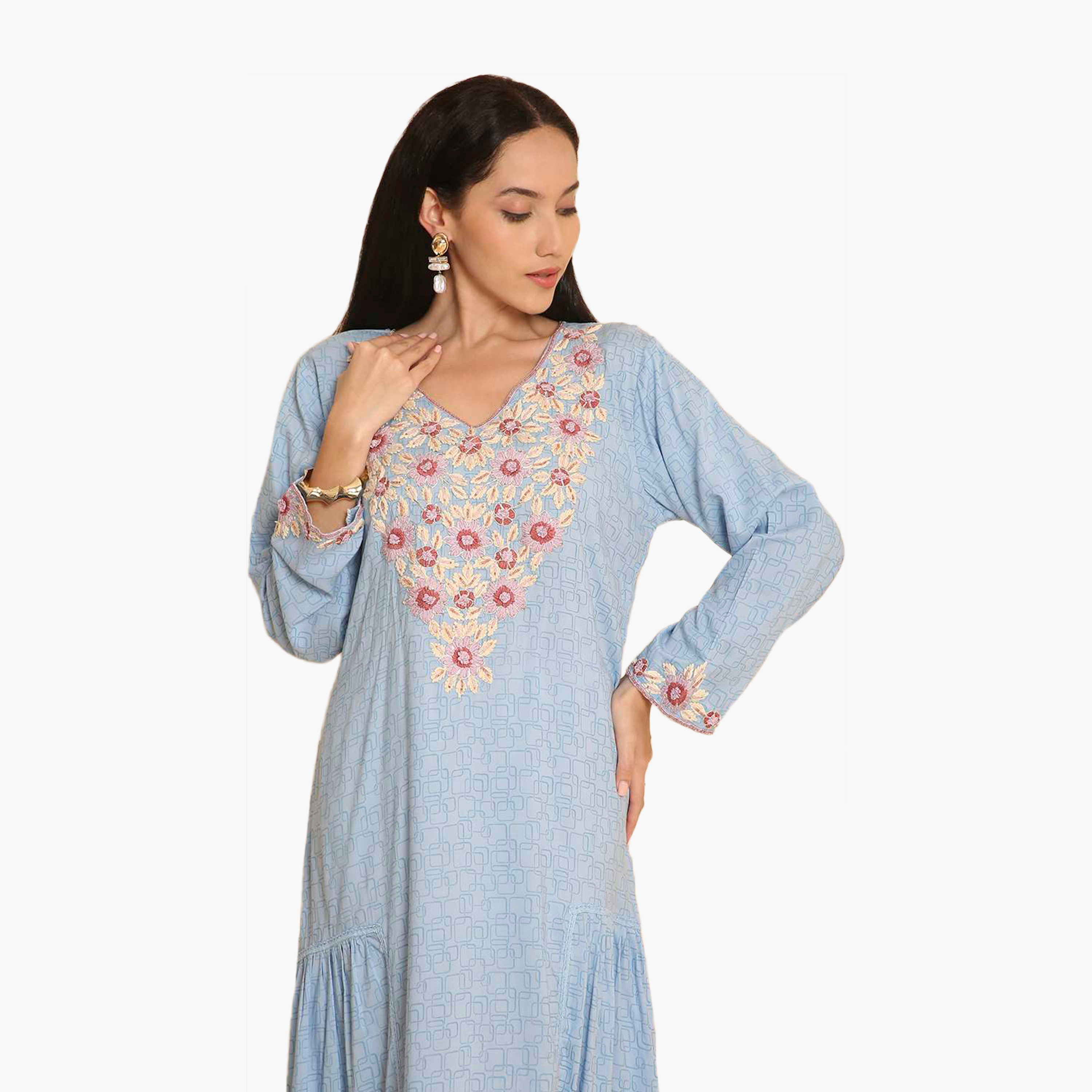 جلابية نسائية من بتطريز زهري كامل وقبة دائرية من هانا اند سارة-women-arabicclothing-jalabiyas-image-2