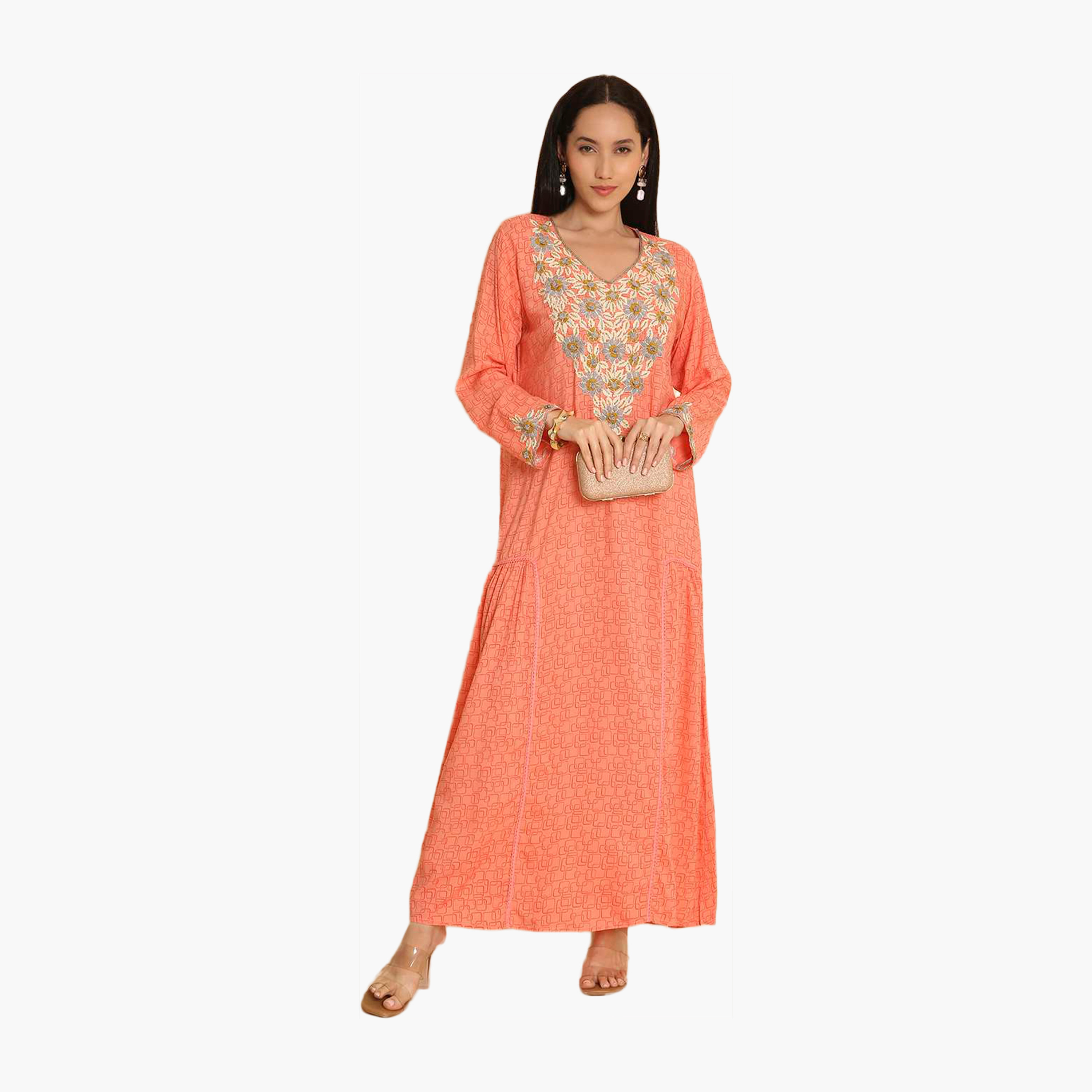 HanaandSara All Over Printed and Floral Embroidered Yoke Women's Jalabiya-women-arabicclothing-jalabiyas-image-1