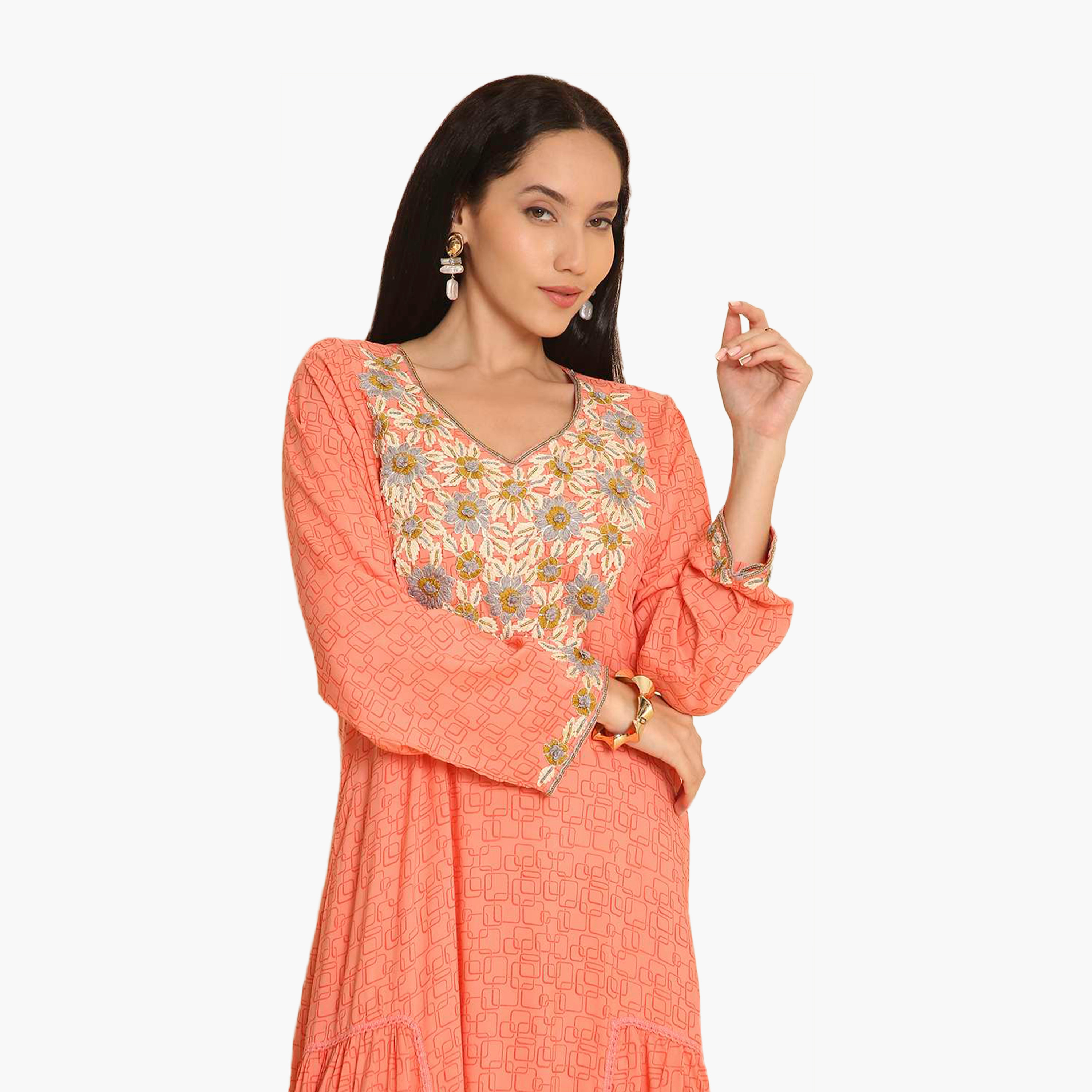 HanaandSara All Over Printed and Floral Embroidered Yoke Women's Jalabiya-women-arabicclothing-jalabiyas-image-12