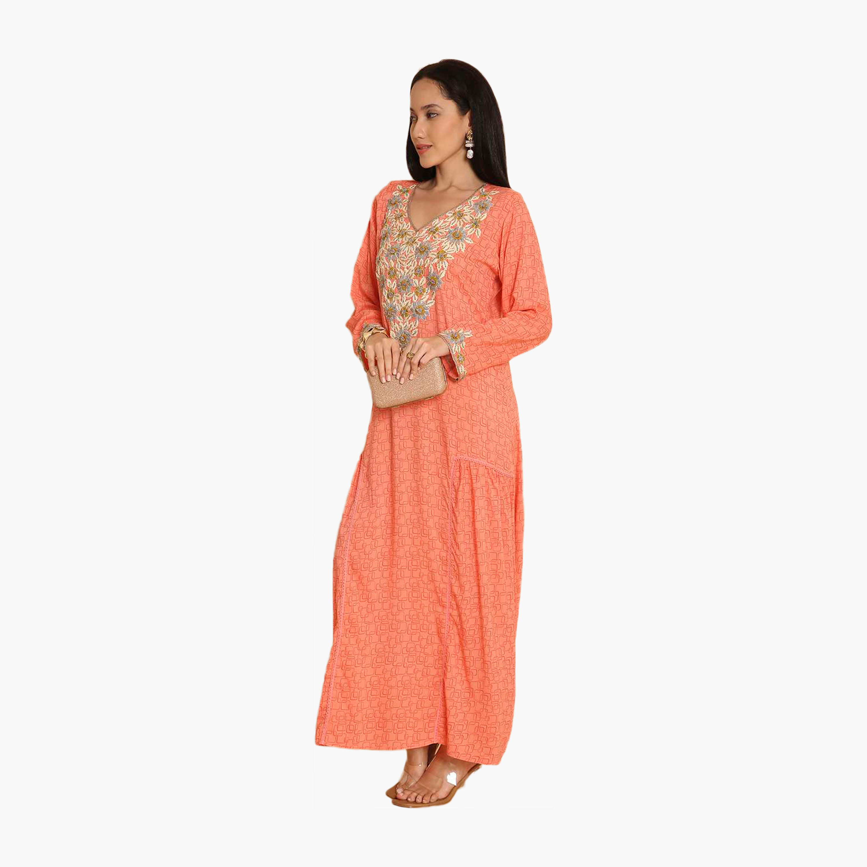 HanaandSara All Over Printed and Floral Embroidered Yoke Women's Jalabiya-women-arabicclothing-jalabiyas-image-4