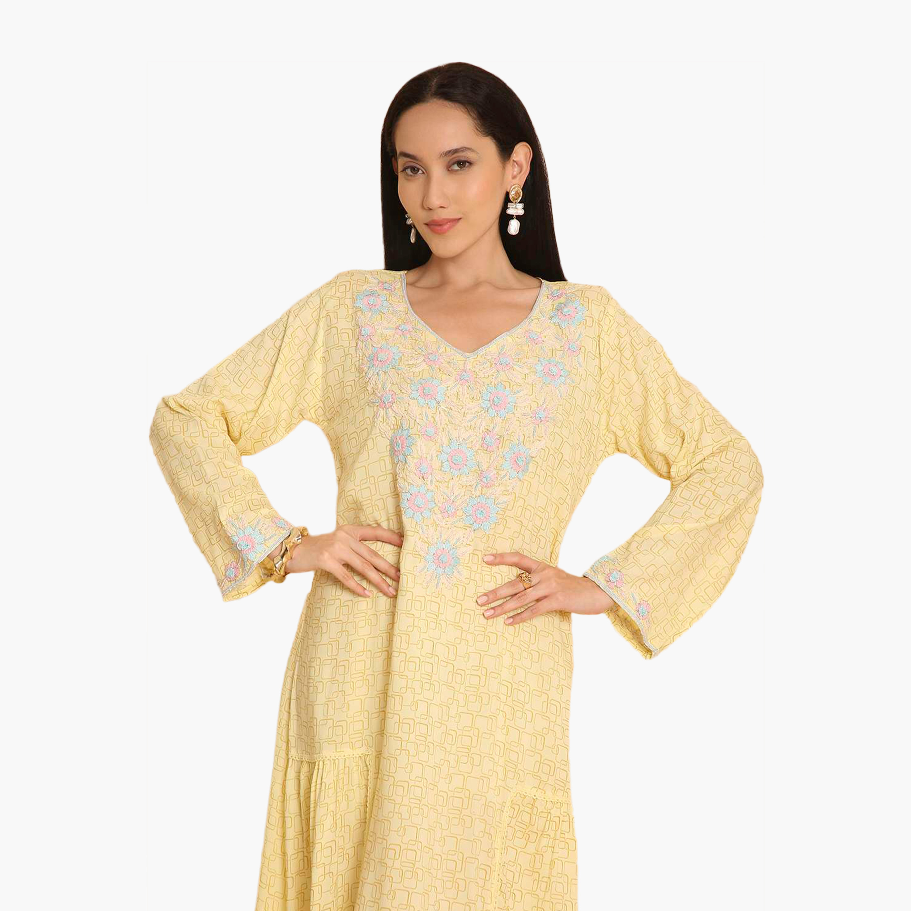 HanaandSara All Over Printed and Floral Embroidered Yoke Women's Jalabiya-women-arabicclothing-jalabiyas-image-7