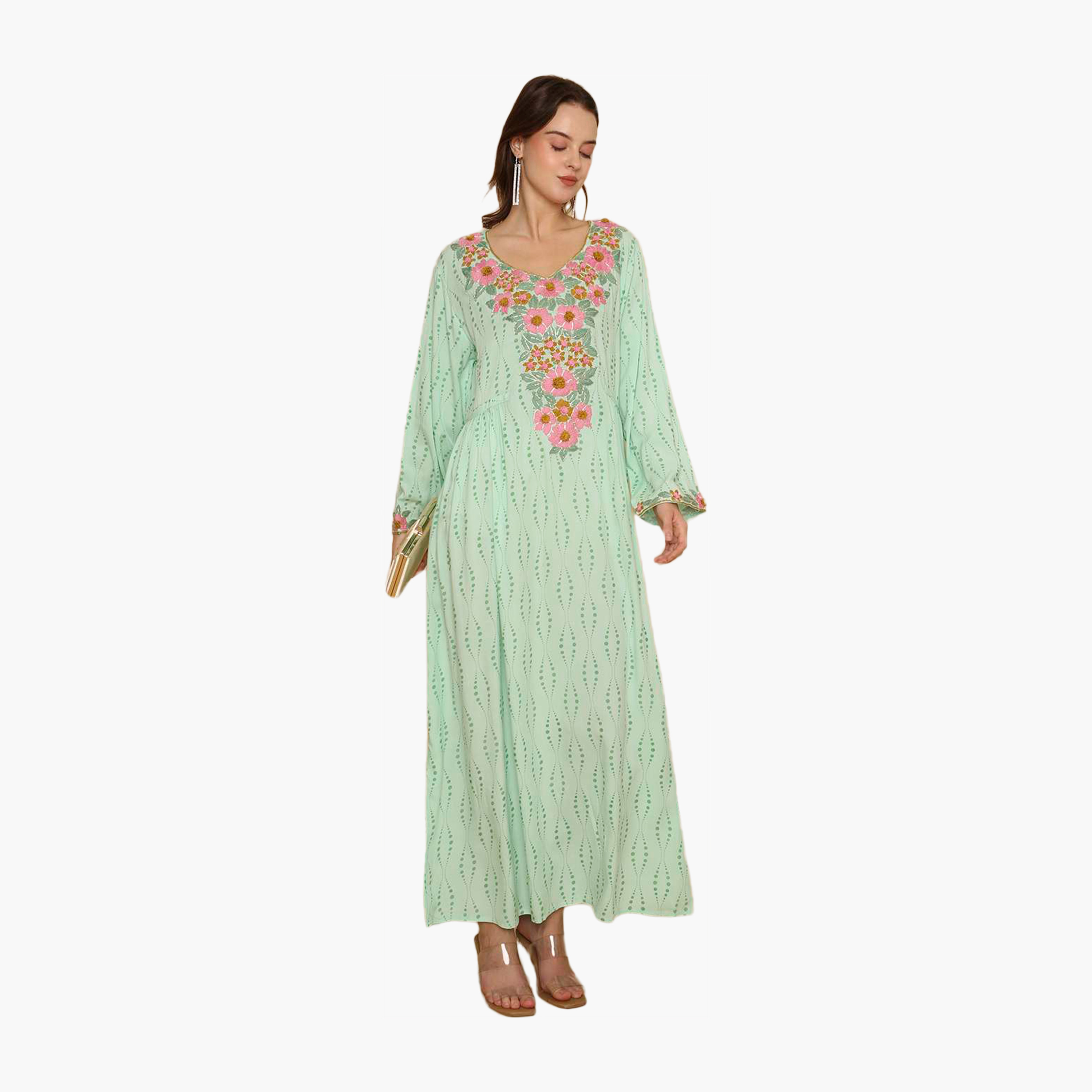 HanaandSara All Over Printed and Floral Embroidered Yoke Women's Jalabiya-women-arabicclothing-jalabiyas-image-1