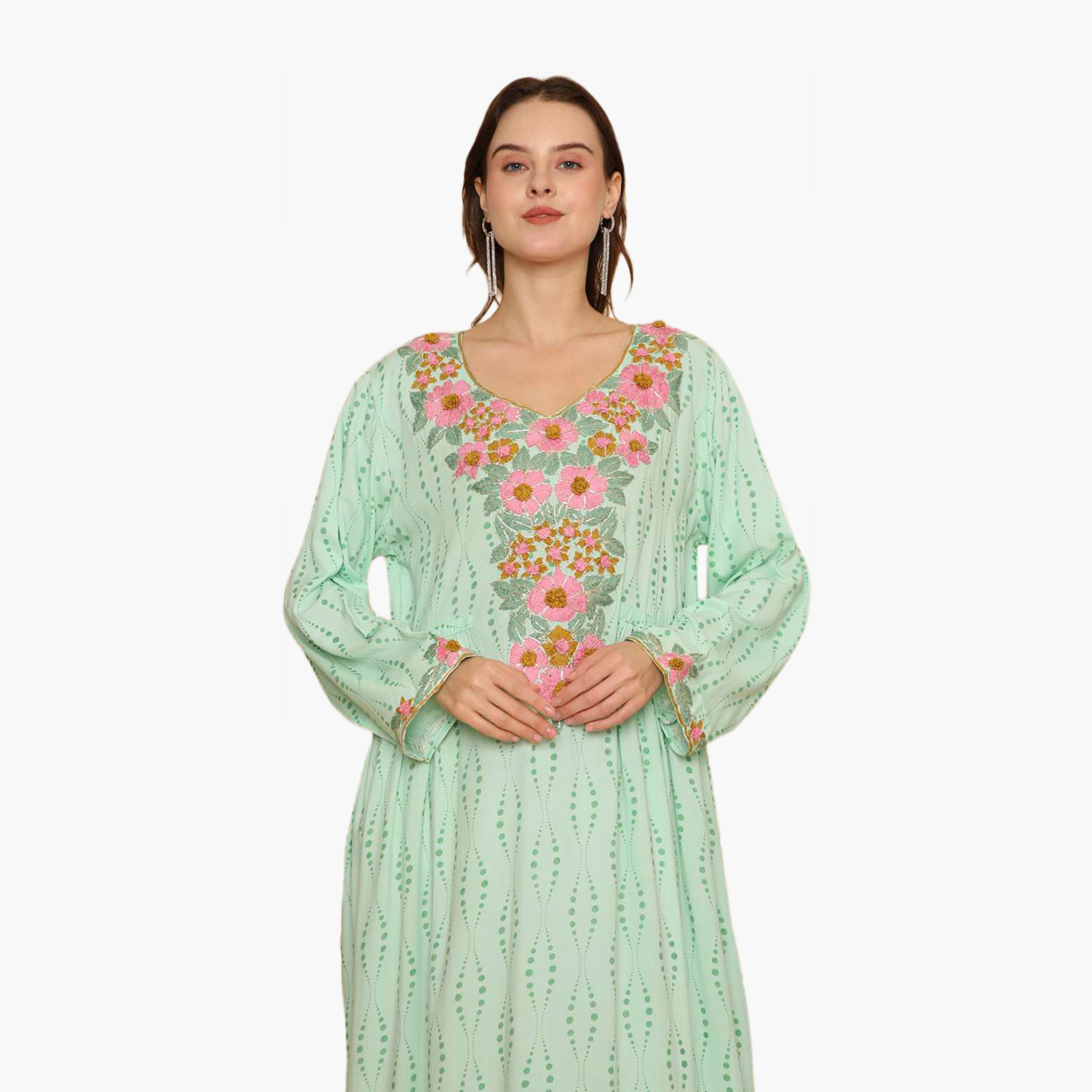 HanaandSara All Over Printed and Floral Embroidered Yoke Women's Jalabiya-women-arabicclothing-jalabiyas-image-2
