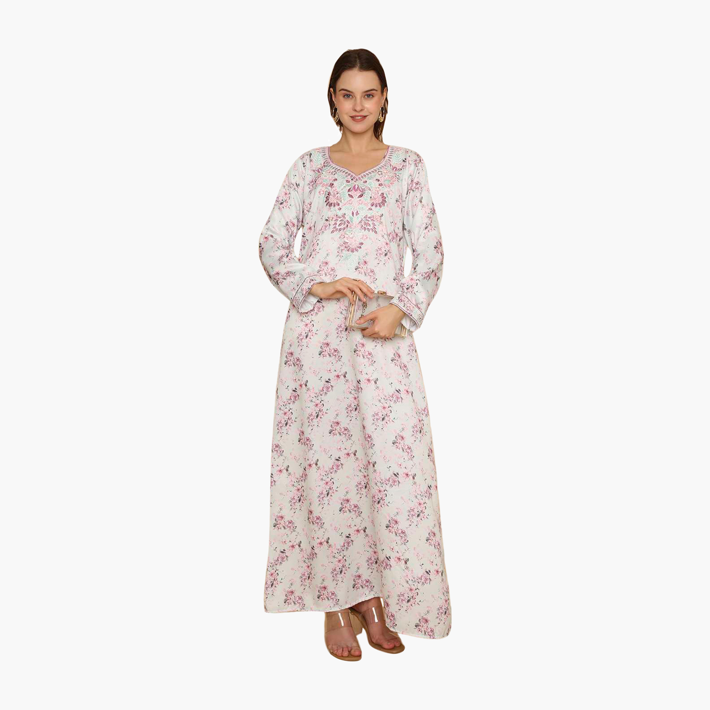 جلابية نسائية مطرزة بنقشة زهور من هنا اند سارة-women-arabicclothing-jalabiyas-image-1