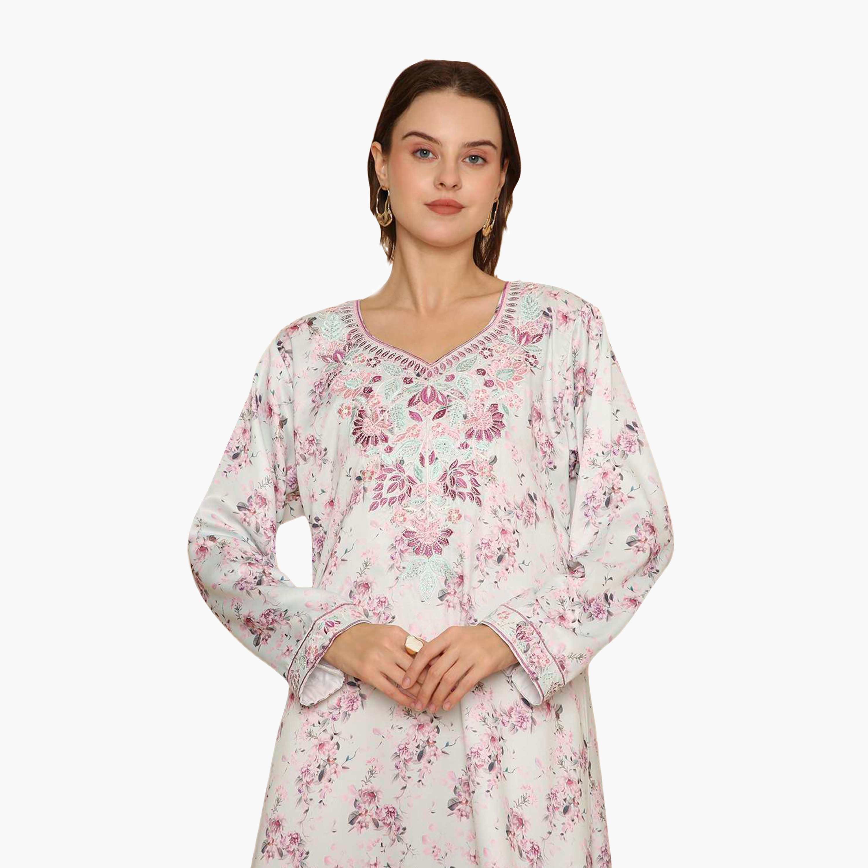 جلابية نسائية مطرزة بنقشة زهور من هنا اند سارة-women-arabicclothing-jalabiyas-image-2