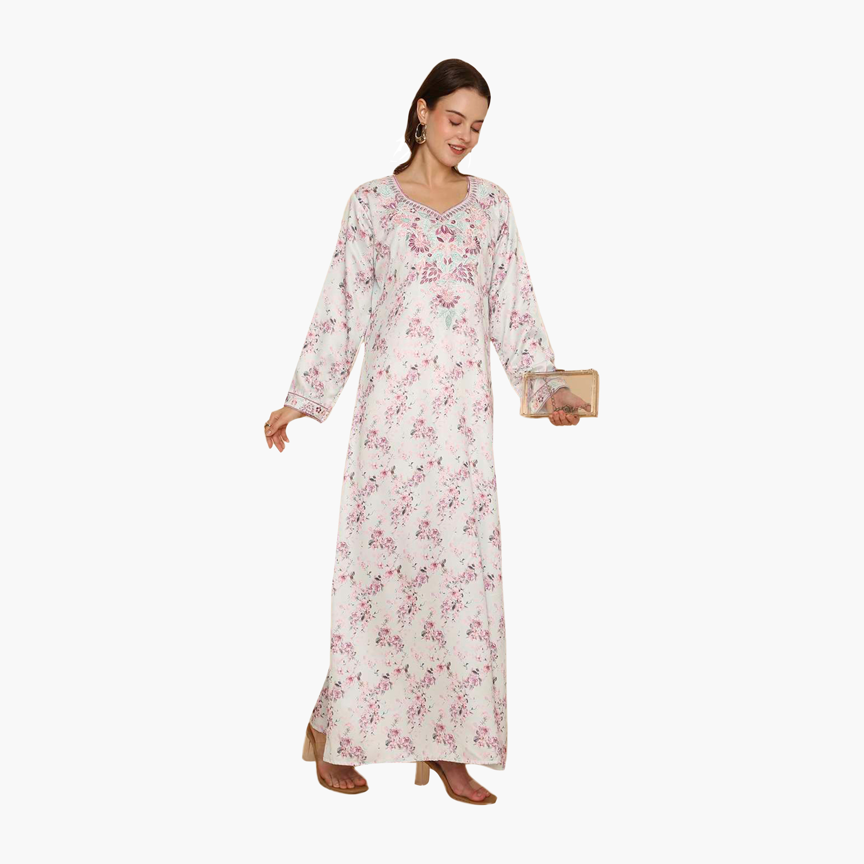 جلابية نسائية مطرزة بنقشة زهور من هنا اند سارة-women-arabicclothing-jalabiyas-image-3