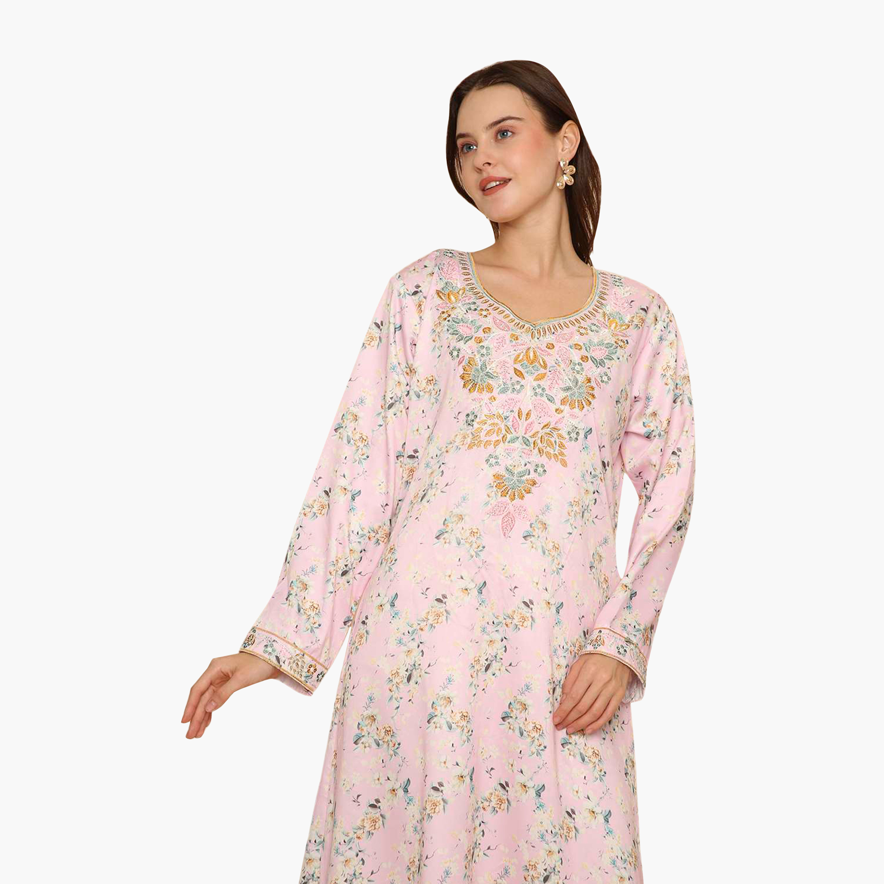 HanaandSara Floral Print Embroidered Yoke Women's Jalabiya-women-arabicclothing-jalabiyas-image-7