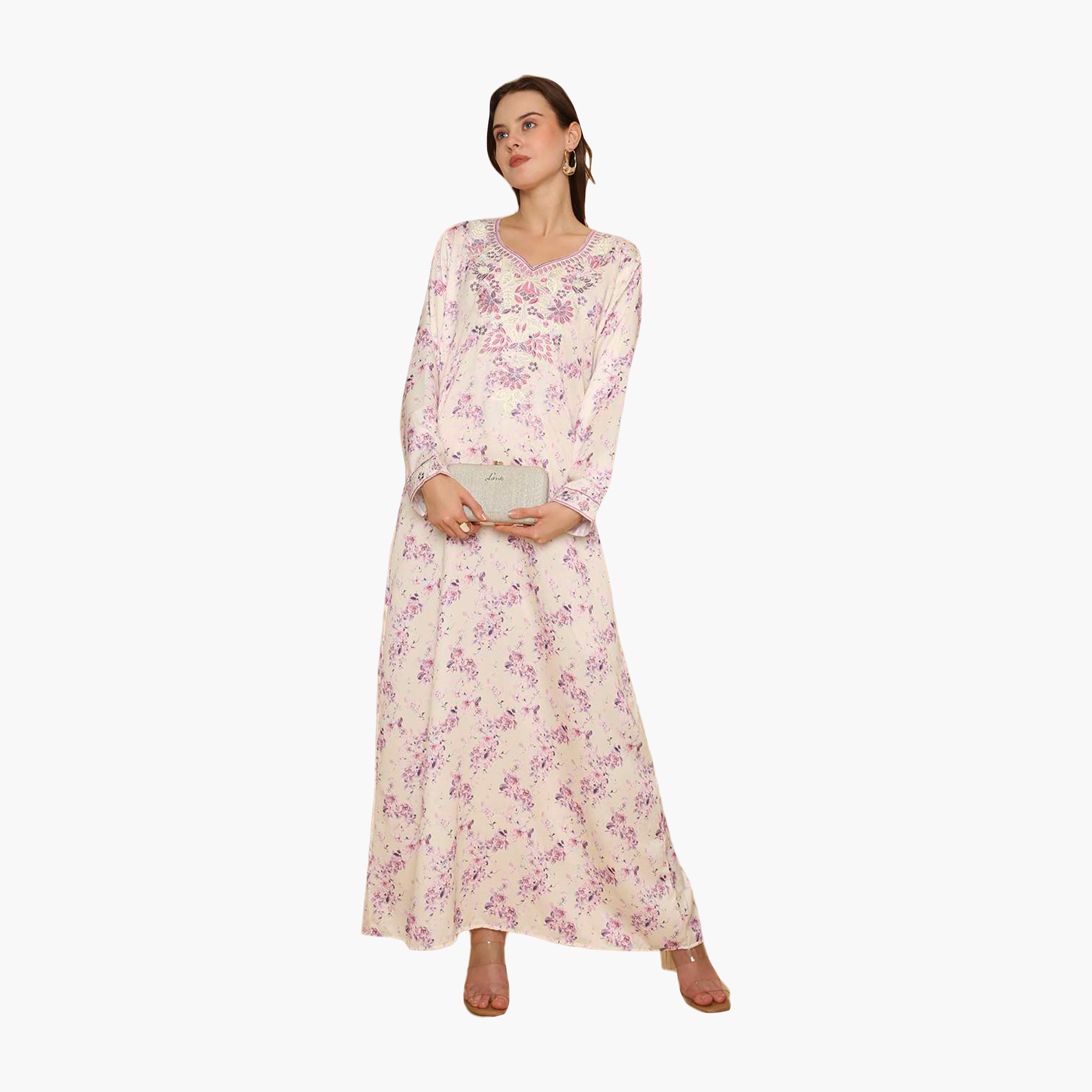 جلابية نسائية مطرزة بنقشة زهور من هنا اند سارة-women-arabicclothing-jalabiyas-image-1