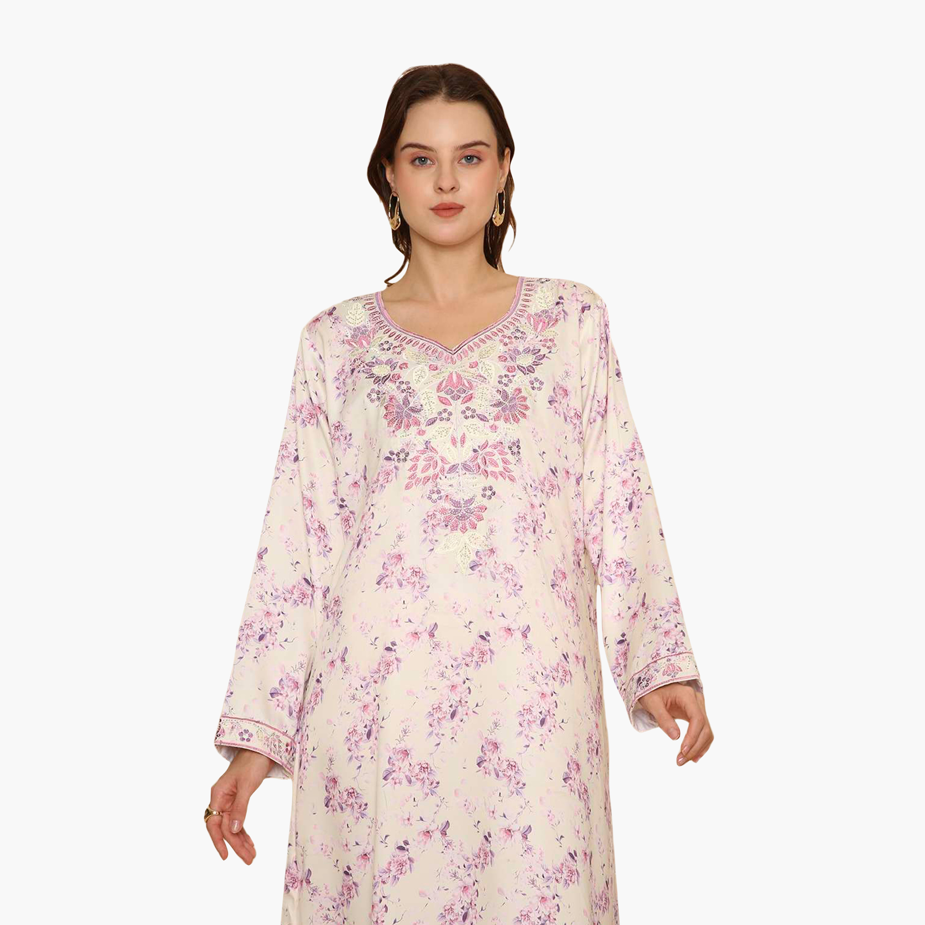 جلابية نسائية مطرزة بنقشة زهور من هنا اند سارة-women-arabicclothing-jalabiyas-image-2