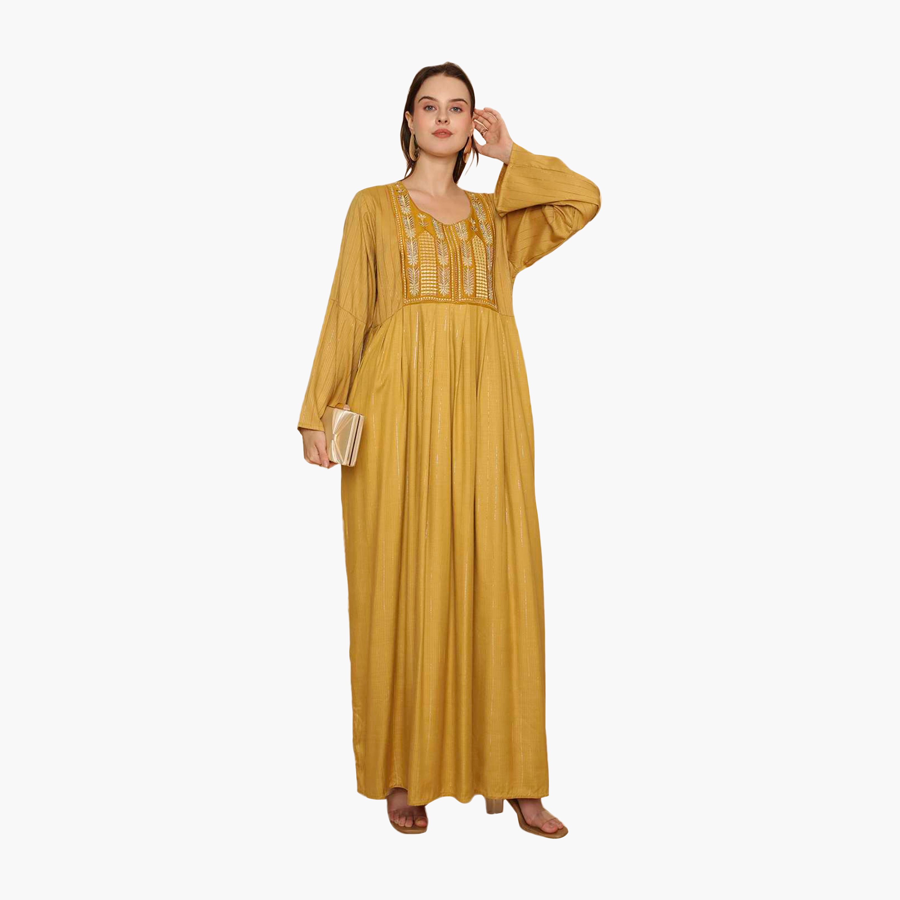 جلابية نسائية مطرزة بنقشة مخططة من هنا اند سارة-women-arabicclothing-jalabiyas-image-1