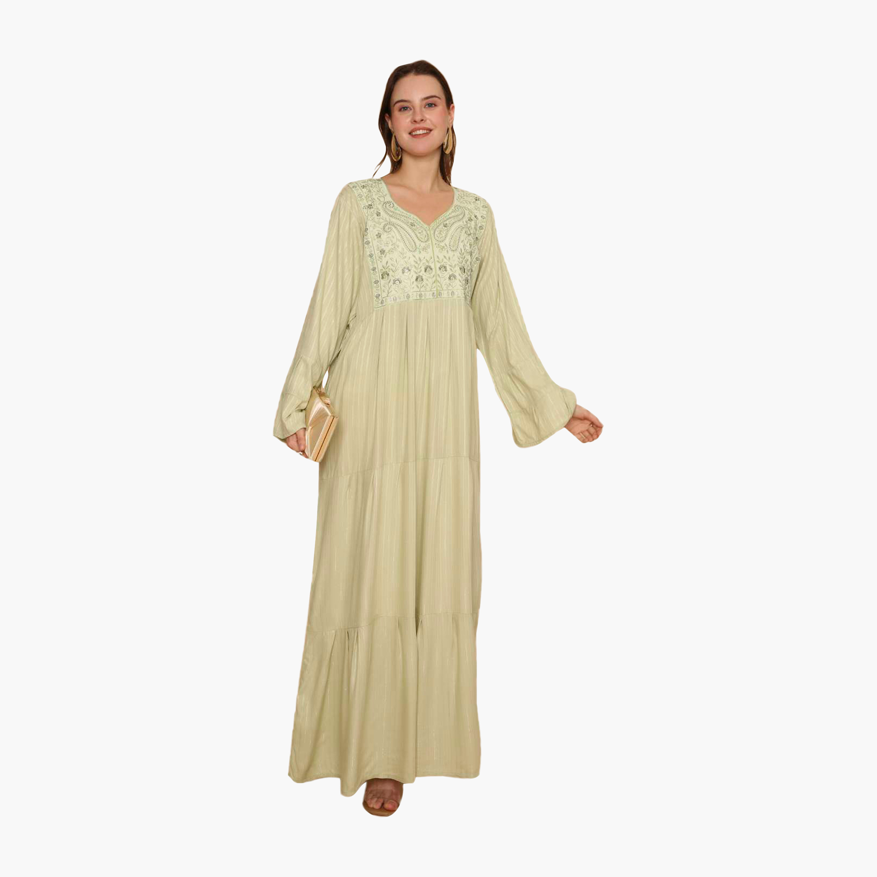 جلابية نسائية مطرزة بأكمام واسعة ونقشة مخططة من هنا اند سارة-women-arabicclothing-jalabiyas-image-1