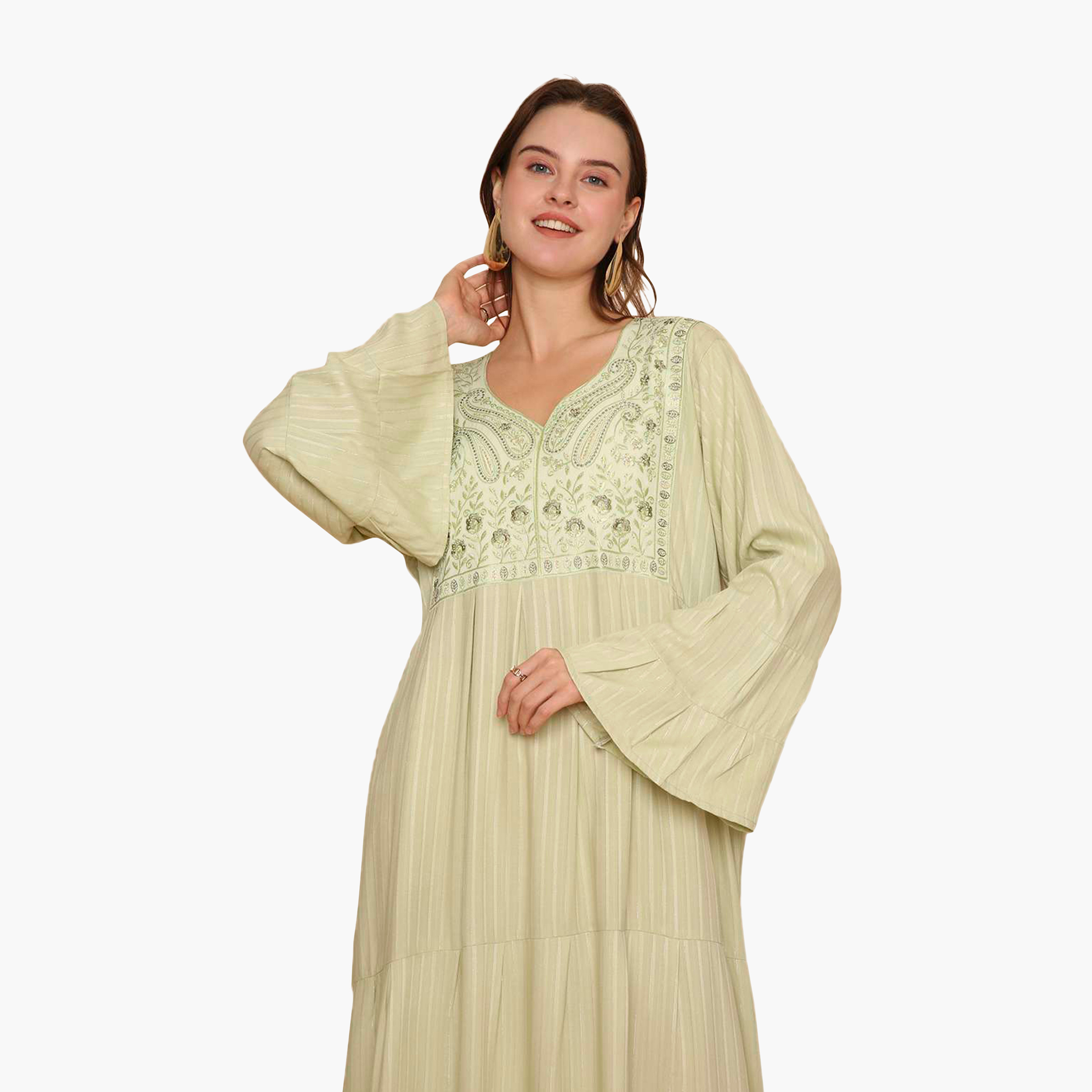 جلابية نسائية مطرزة بأكمام واسعة ونقشة مخططة من هنا اند سارة-women-arabicclothing-jalabiyas-image-2