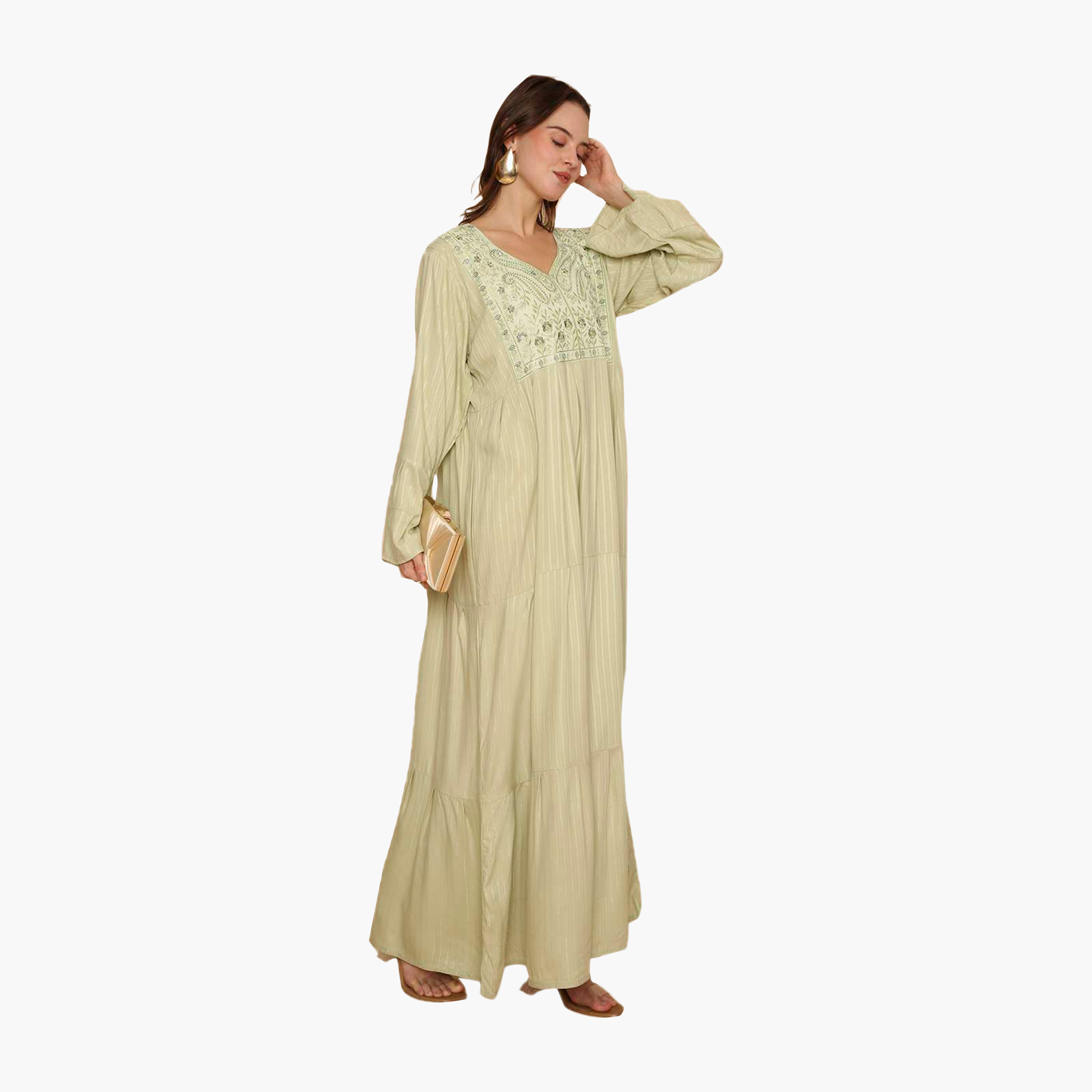 جلابية نسائية مطرزة بأكمام واسعة ونقشة مخططة من هنا اند سارة-women-arabicclothing-jalabiyas-image-3