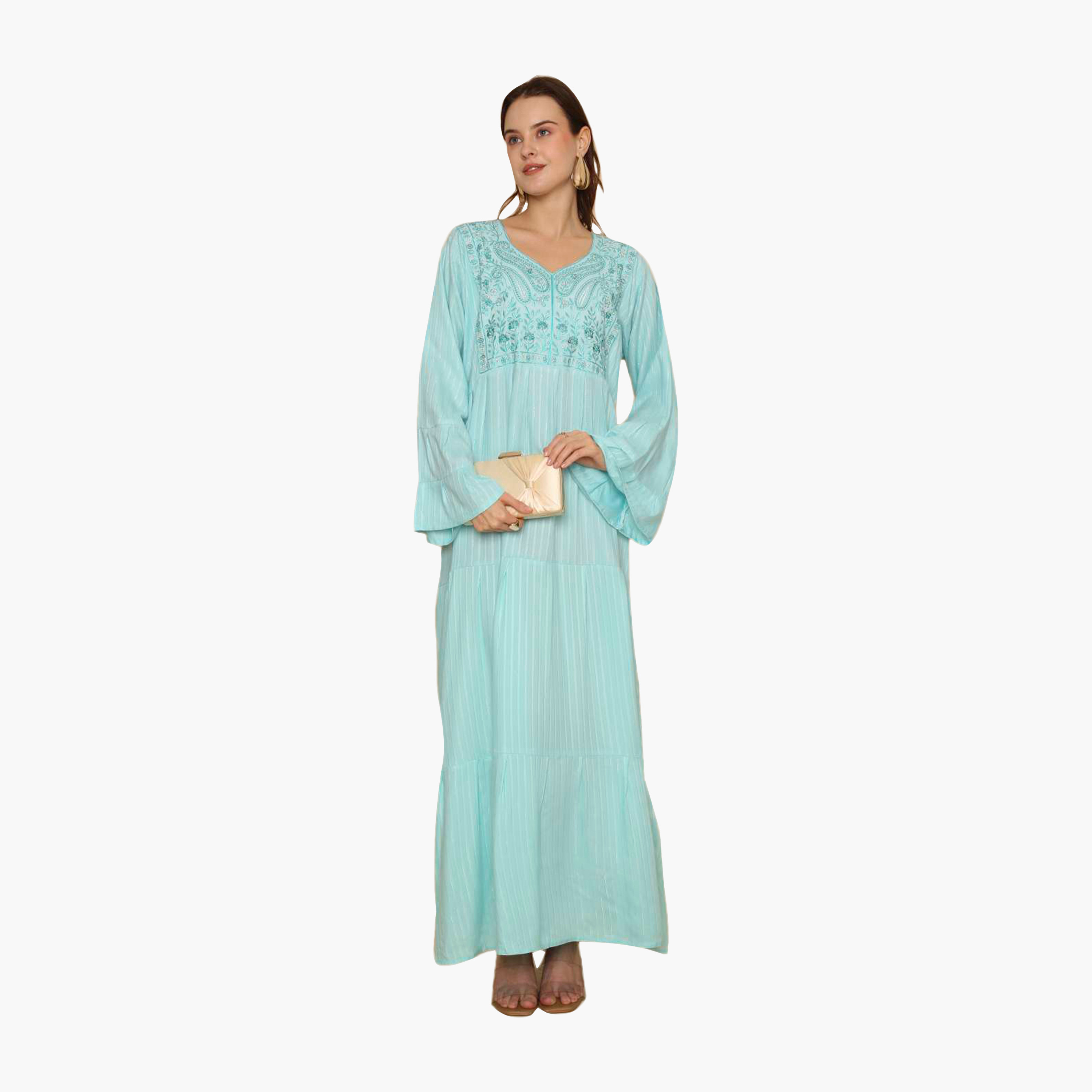 جلابية نسائية مطرزة بأكمام واسعة ونقشة مخططة من هنا اند سارة-women-arabicclothing-jalabiyas-image-1