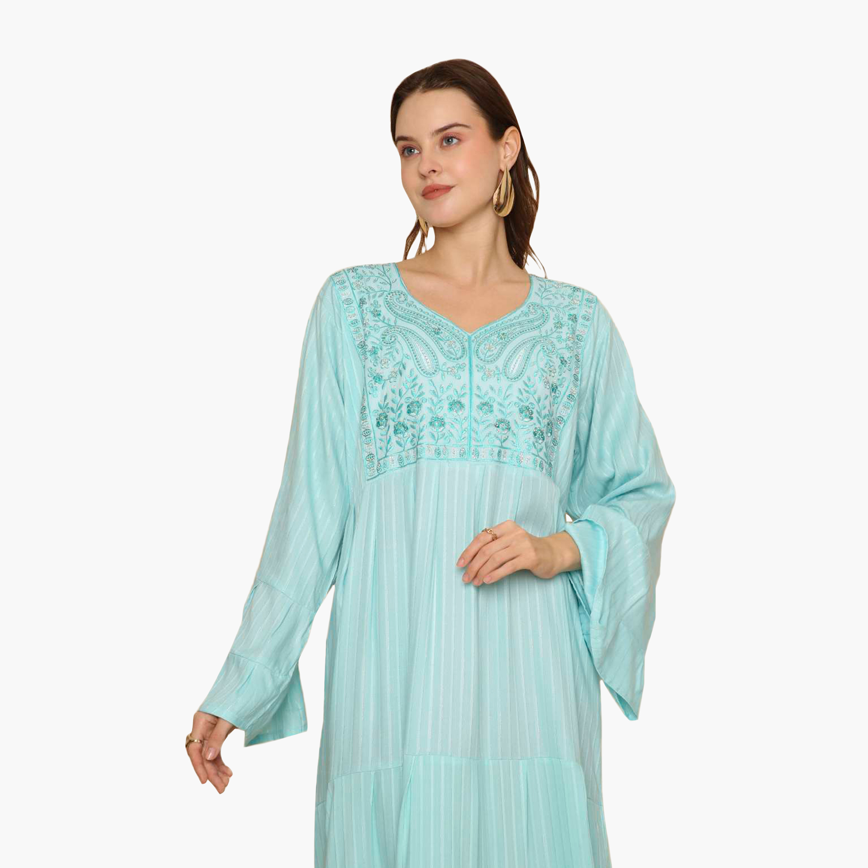 جلابية نسائية مطرزة بأكمام واسعة ونقشة مخططة من هنا اند سارة-women-arabicclothing-jalabiyas-image-2