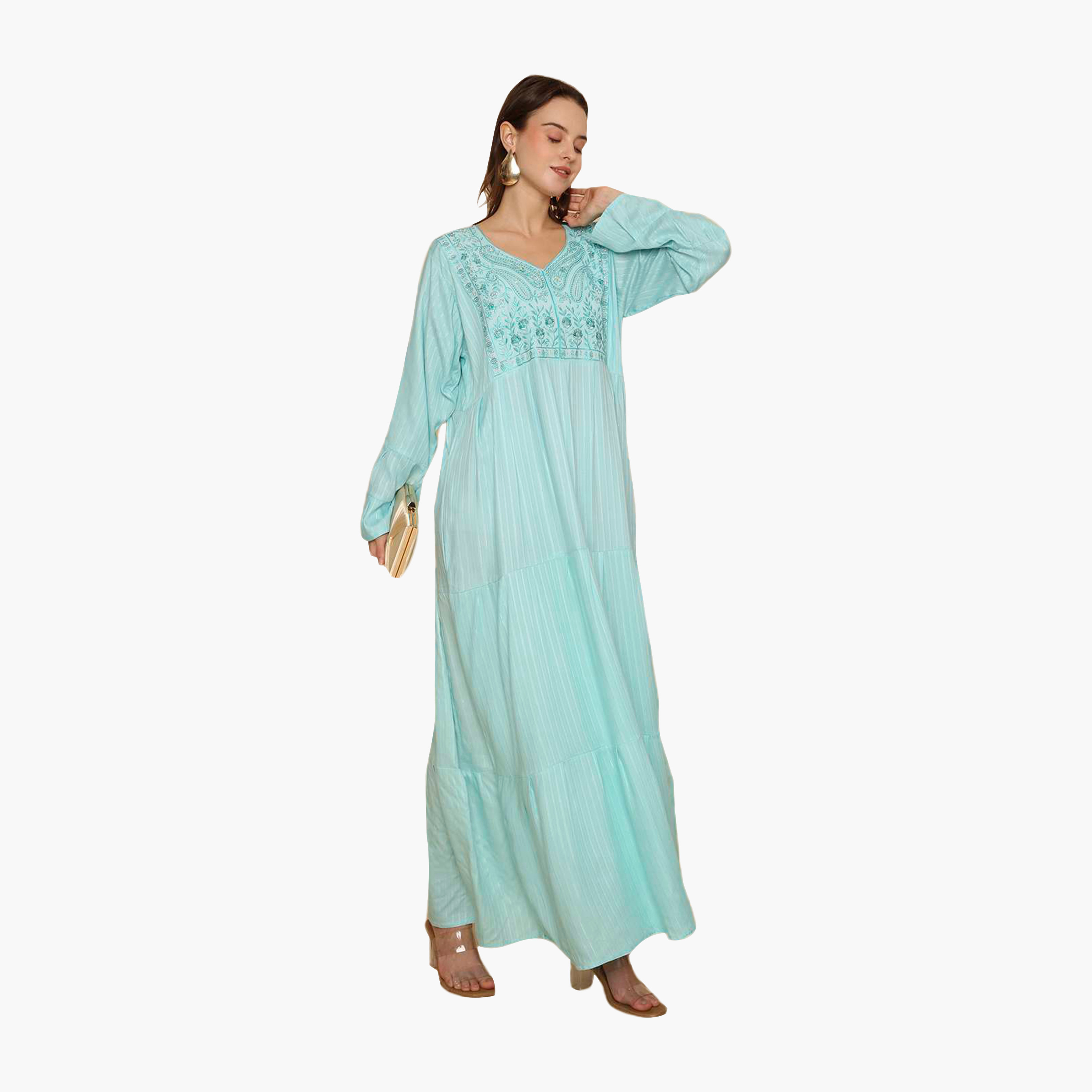 جلابية نسائية مطرزة بأكمام واسعة ونقشة مخططة من هنا اند سارة-women-arabicclothing-jalabiyas-image-3