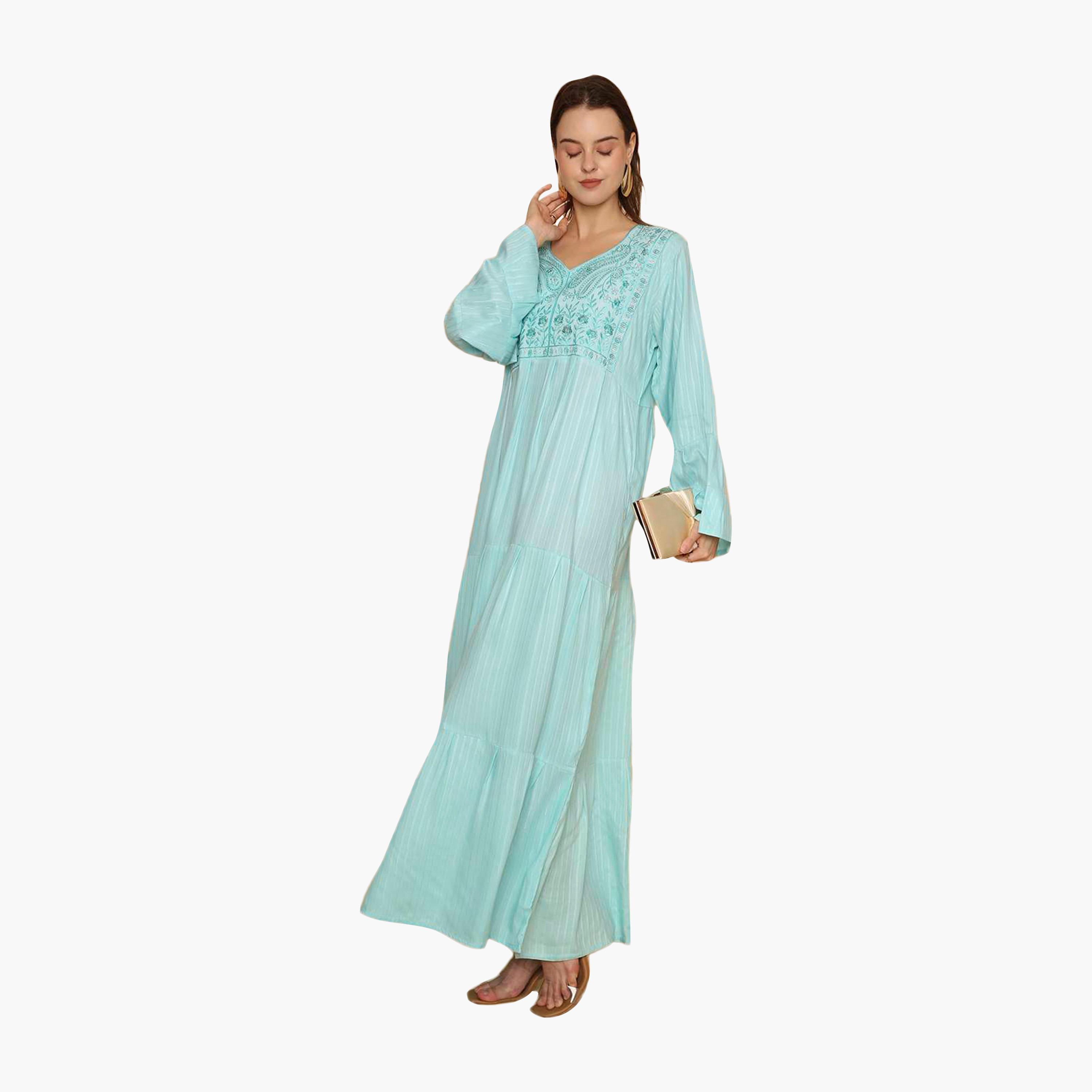جلابية نسائية مطرزة بأكمام واسعة ونقشة مخططة من هنا اند سارة-women-arabicclothing-jalabiyas-image-4
