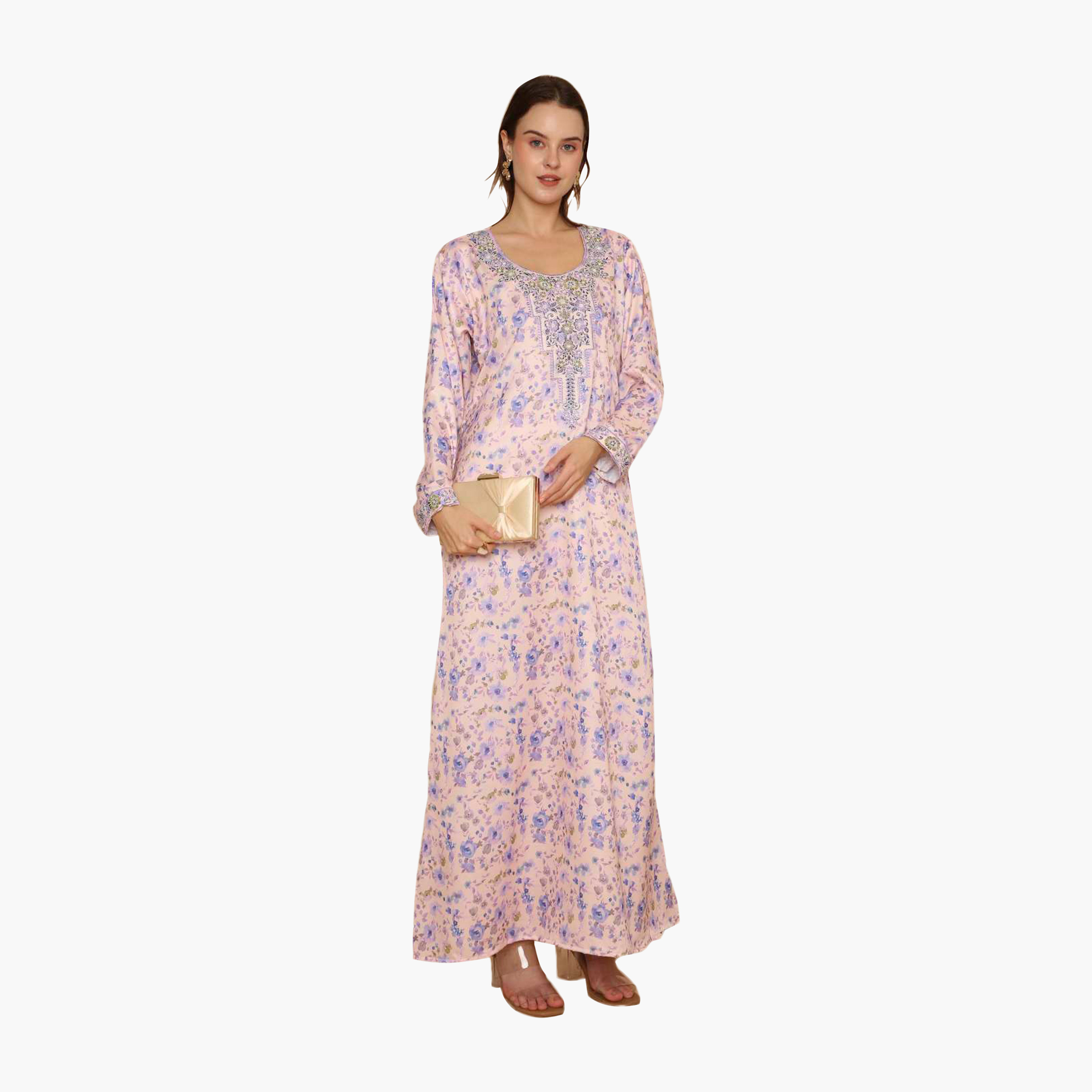 HanaandSara Floral Print Embroidered Yoke Women's Jalabiya-women-arabicclothing-jalabiyas-image-1