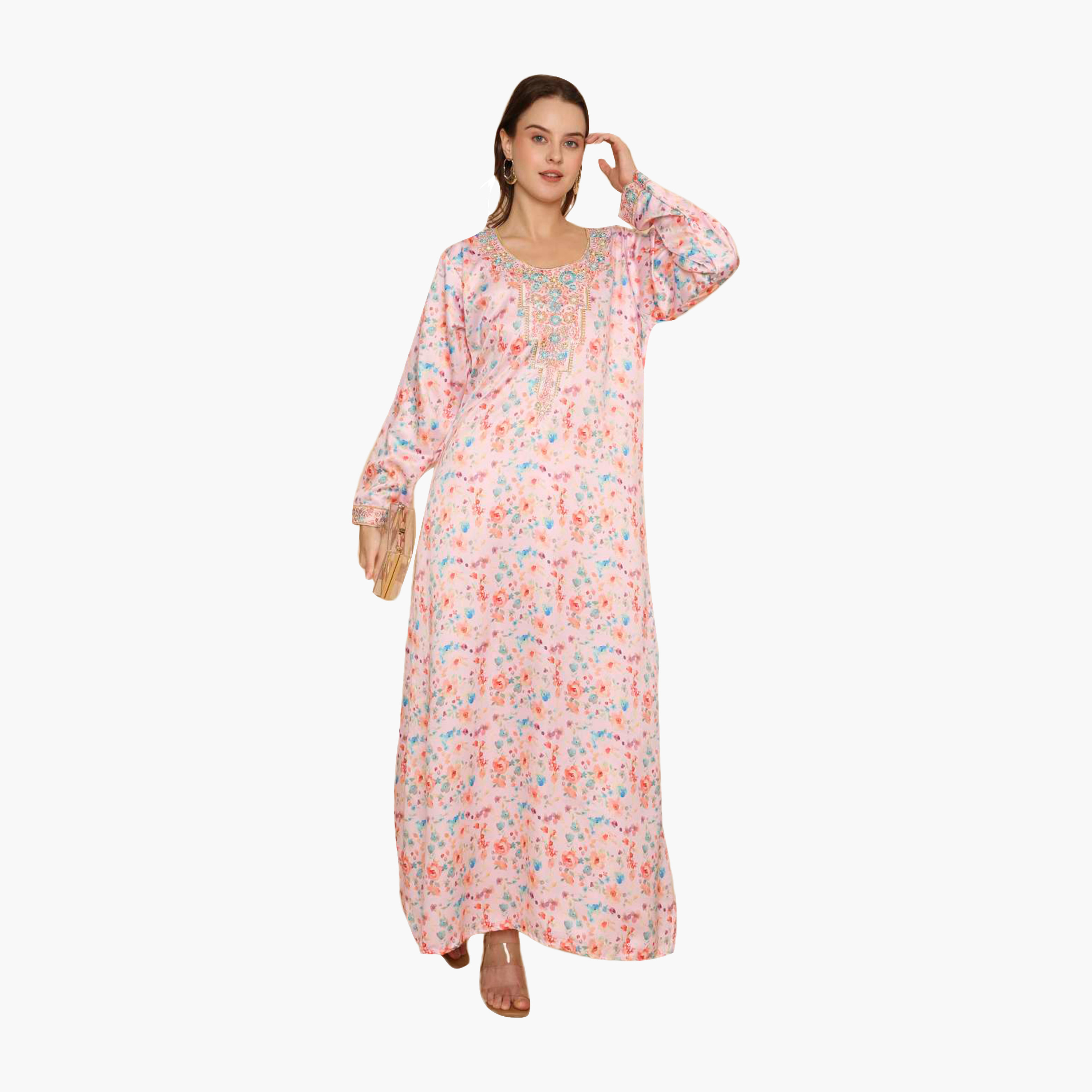 HanaandSara Floral Print Embroidered Yoke Women's Jalabiya-women-arabicclothing-jalabiyas-image-6