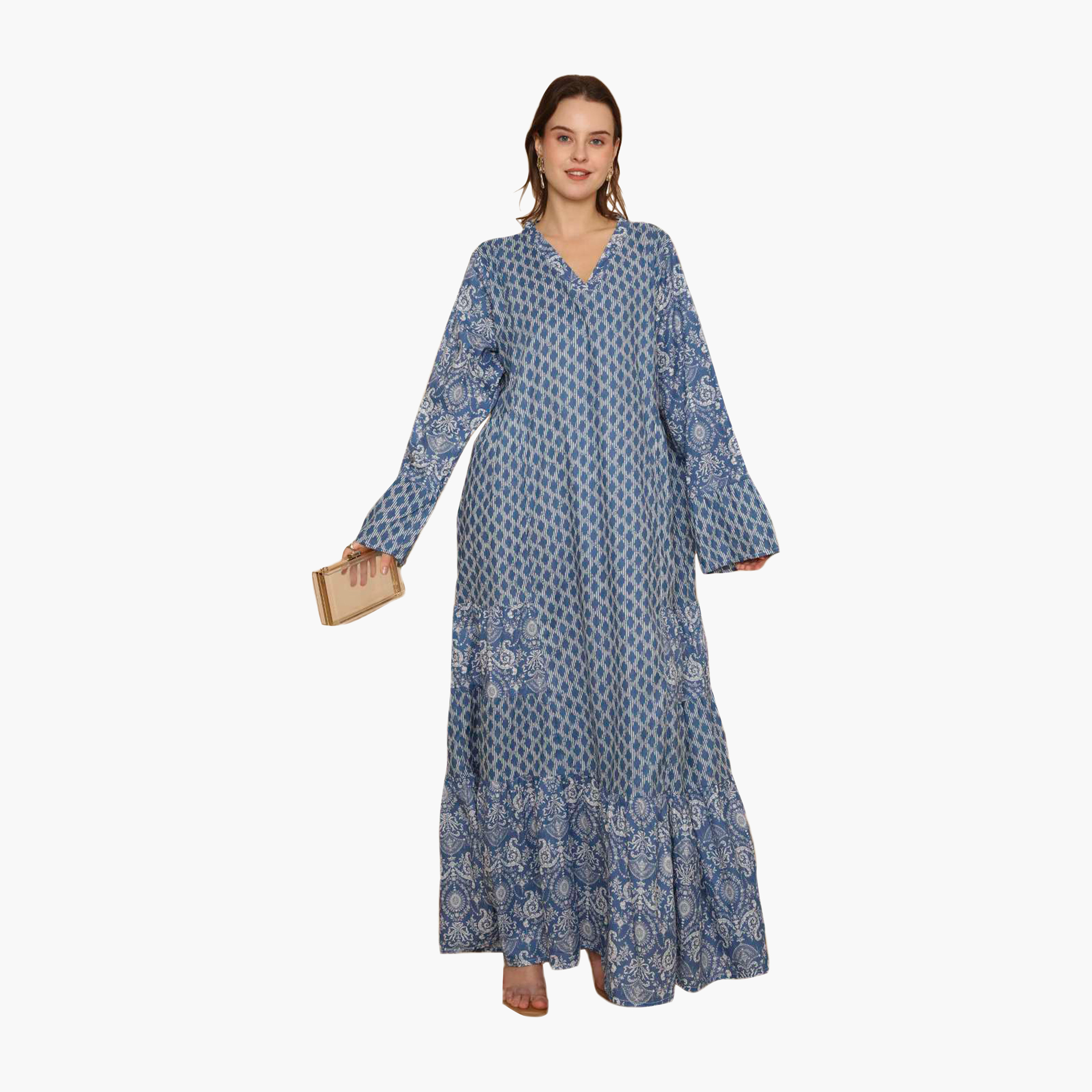 HanaandSara Geometric Print Women's Tiered & Flared Jalabiya-women-arabicclothing-jalabiyas-image-1