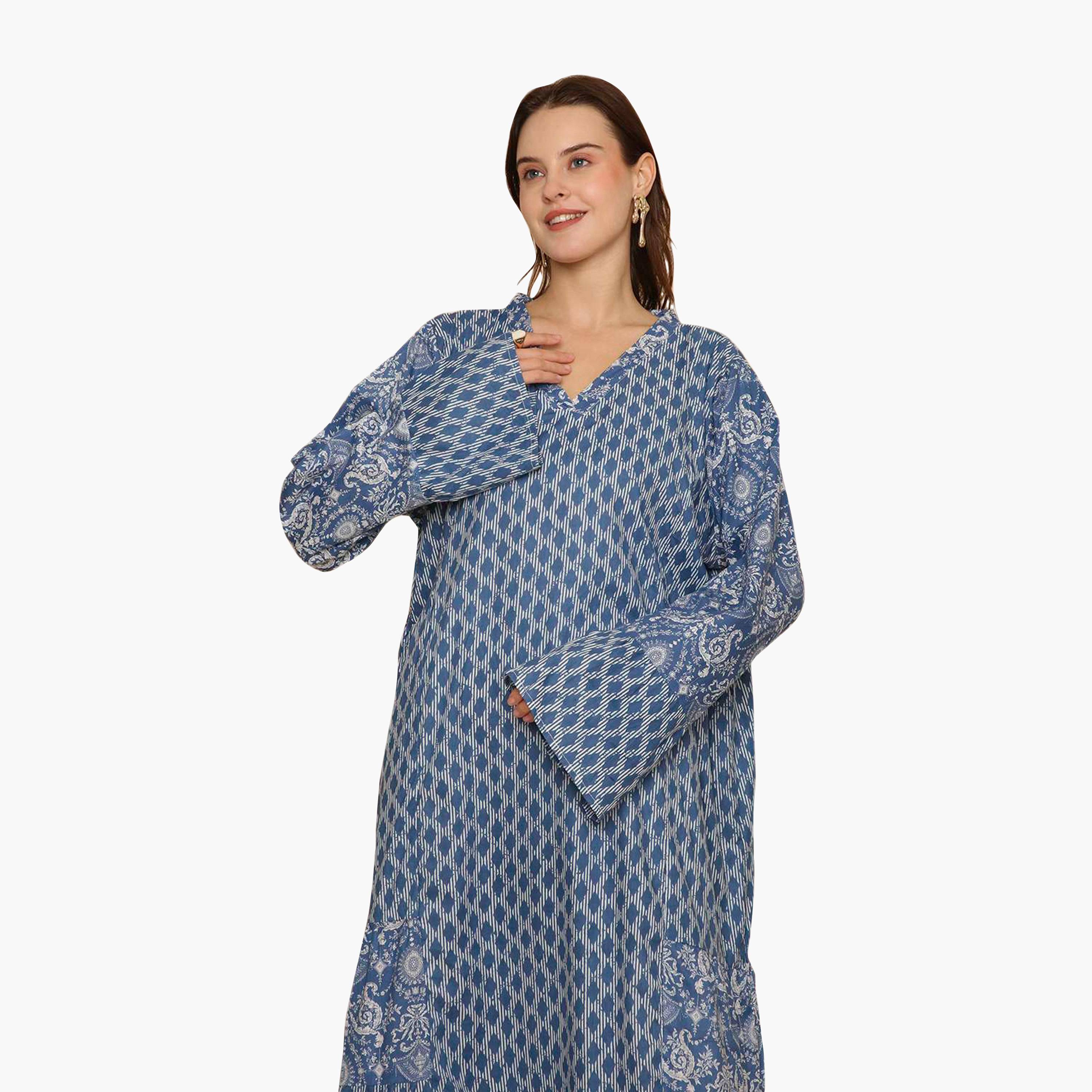 HanaandSara Geometric Print Women's Tiered & Flared Jalabiya-women-arabicclothing-jalabiyas-image-2