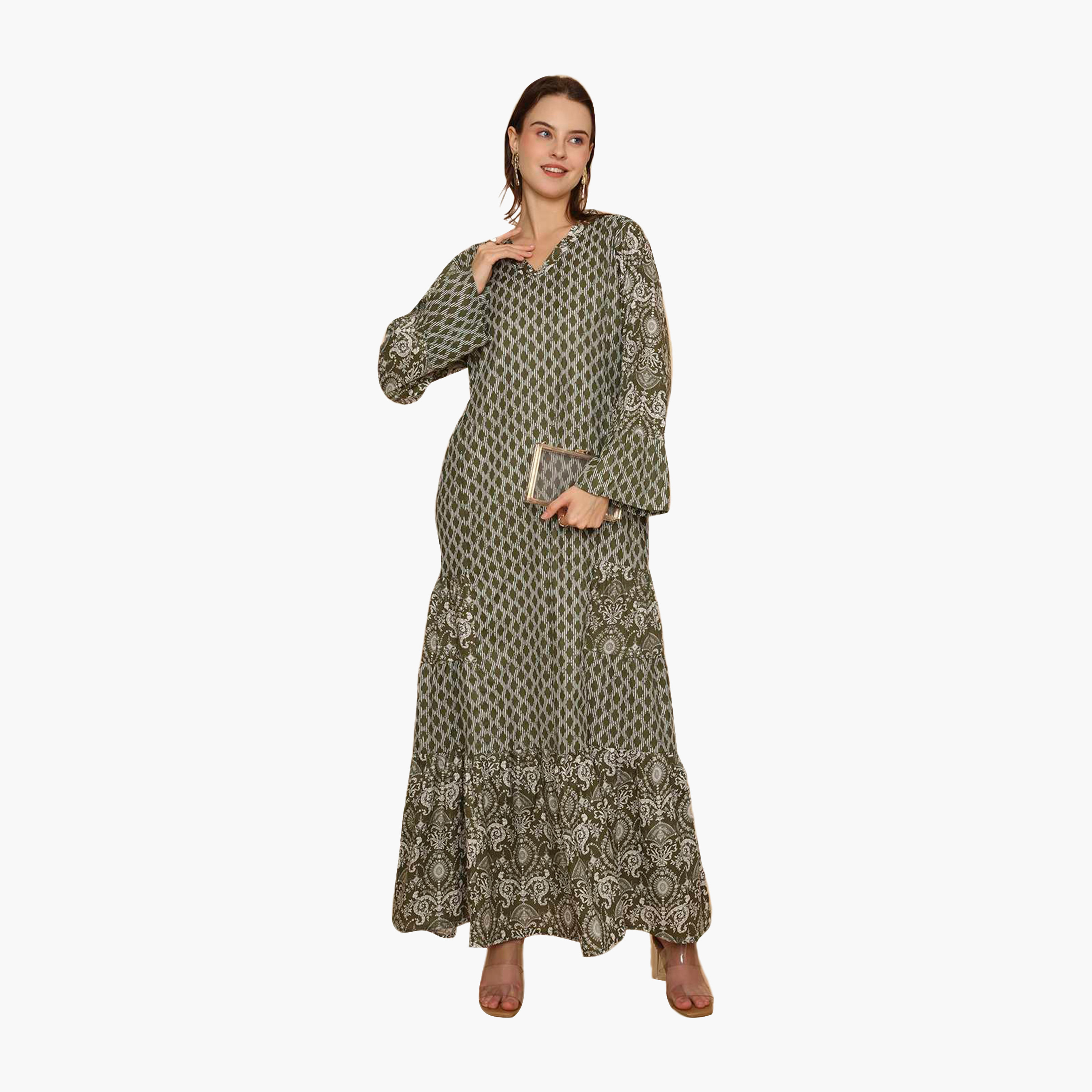 جلابية نسائية متعددة الطبقات واسعة ونقشة هندسية من هنا اند سارة-women-arabicclothing-jalabiyas-image-11