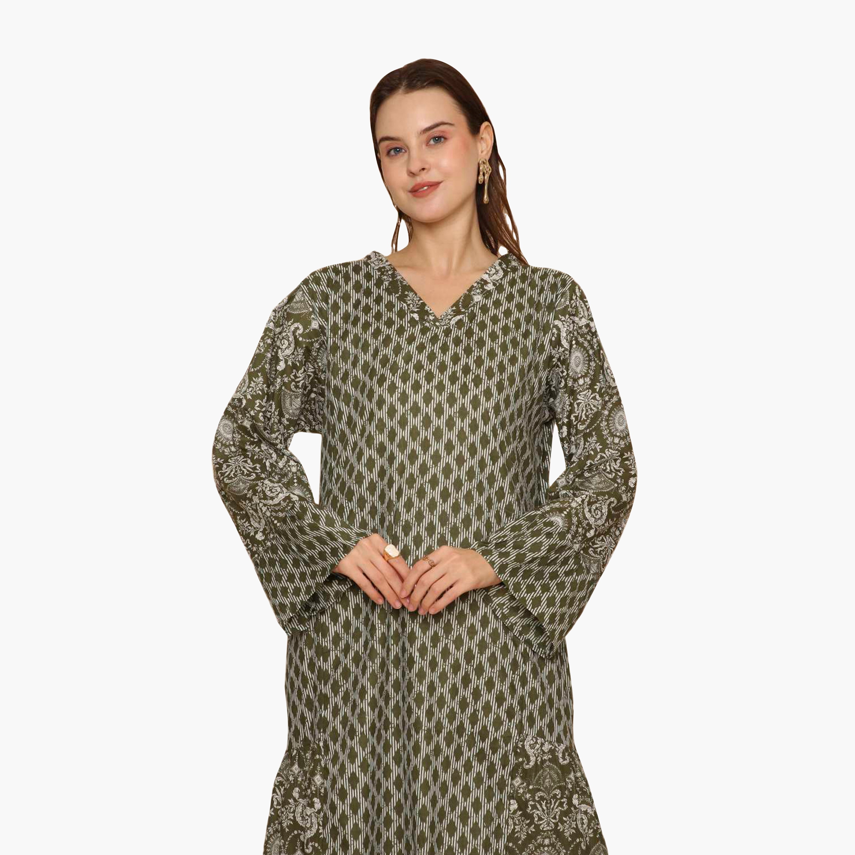 جلابية نسائية متعددة الطبقات واسعة ونقشة هندسية من هنا اند سارة-women-arabicclothing-jalabiyas-image-12