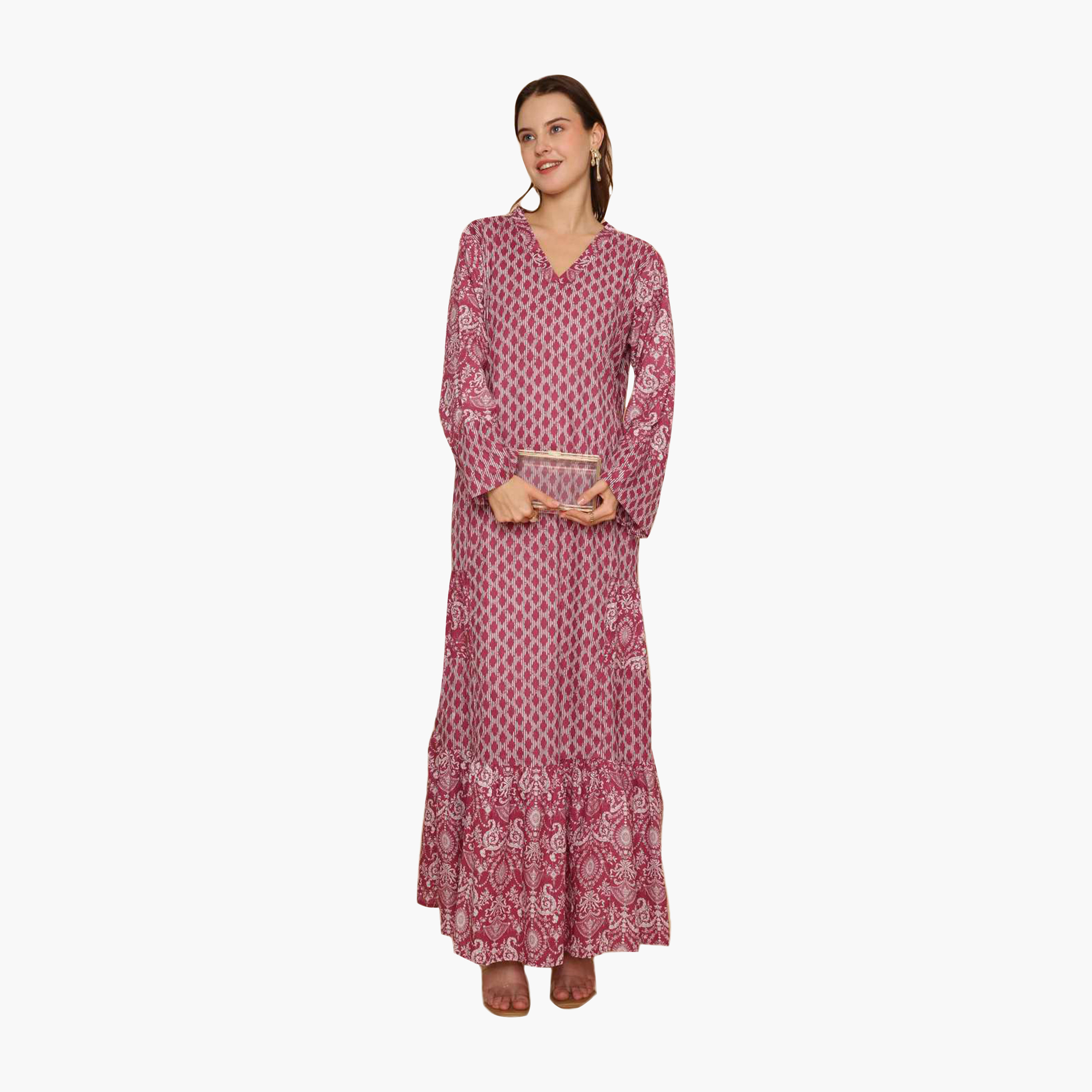 جلابية نسائية متعددة الطبقات واسعة ونقشة هندسية من هنا اند سارة-women-arabicclothing-jalabiyas-image-6