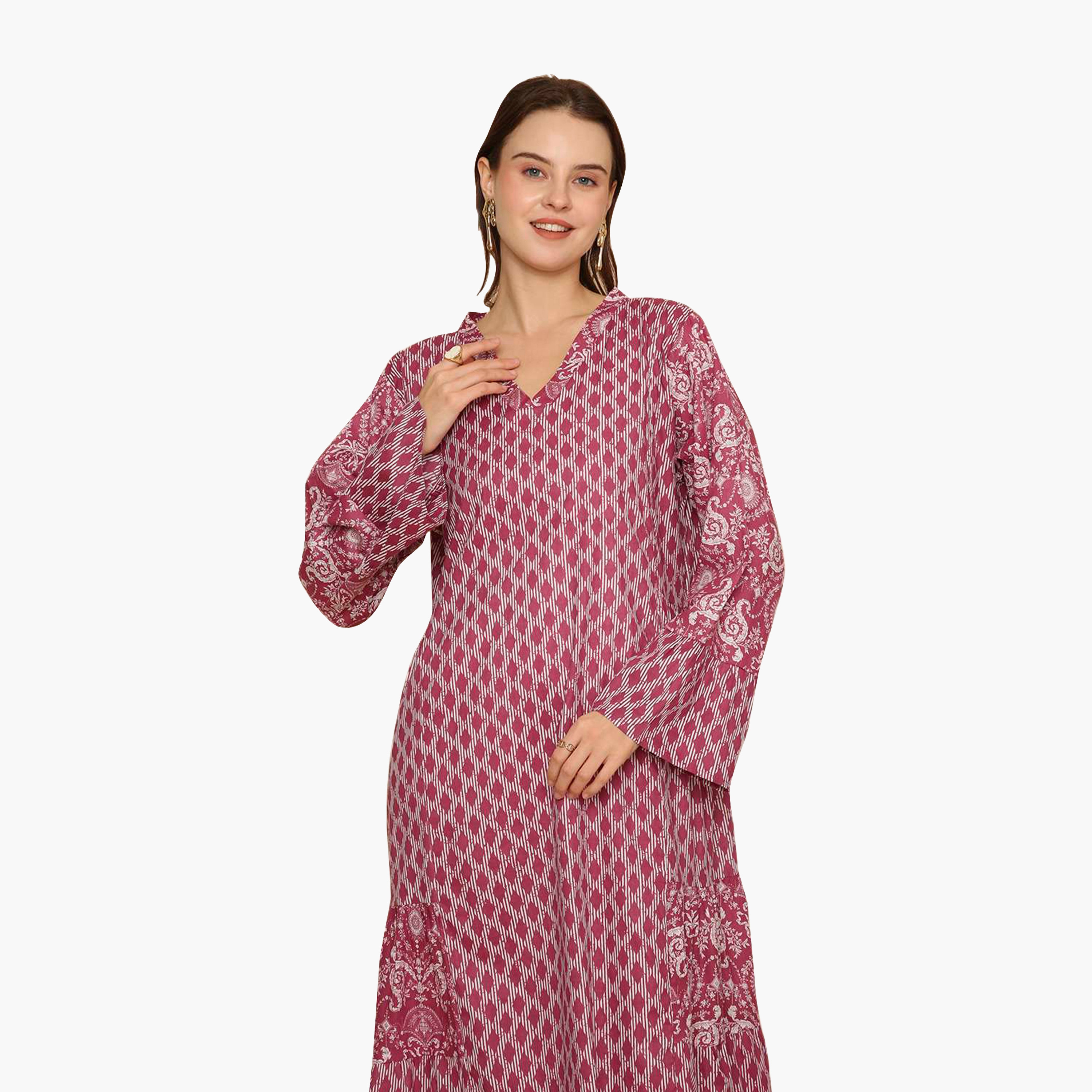 جلابية نسائية متعددة الطبقات واسعة ونقشة هندسية من هنا اند سارة-women-arabicclothing-jalabiyas-image-7