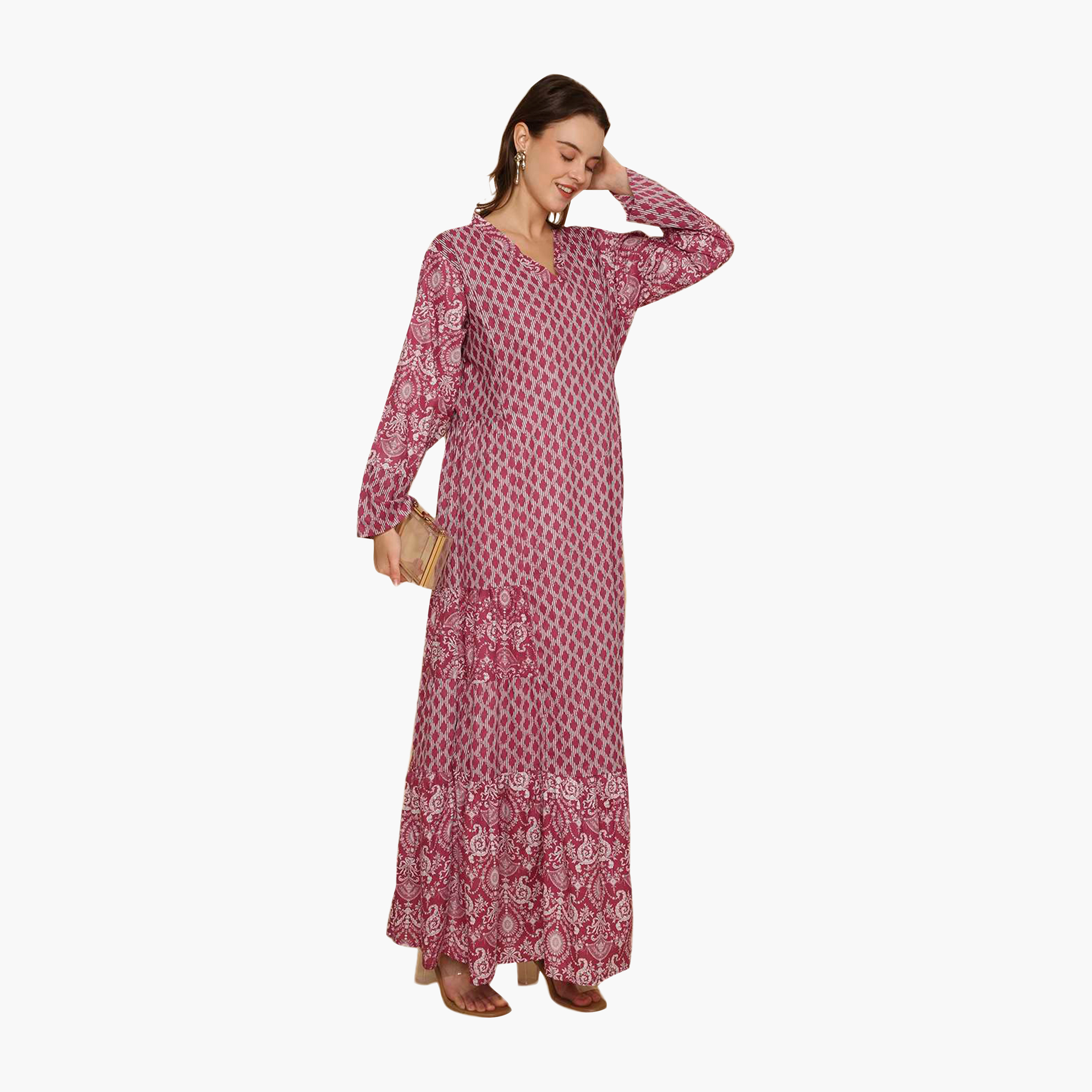 جلابية نسائية متعددة الطبقات واسعة ونقشة هندسية من هنا اند سارة-women-arabicclothing-jalabiyas-image-8