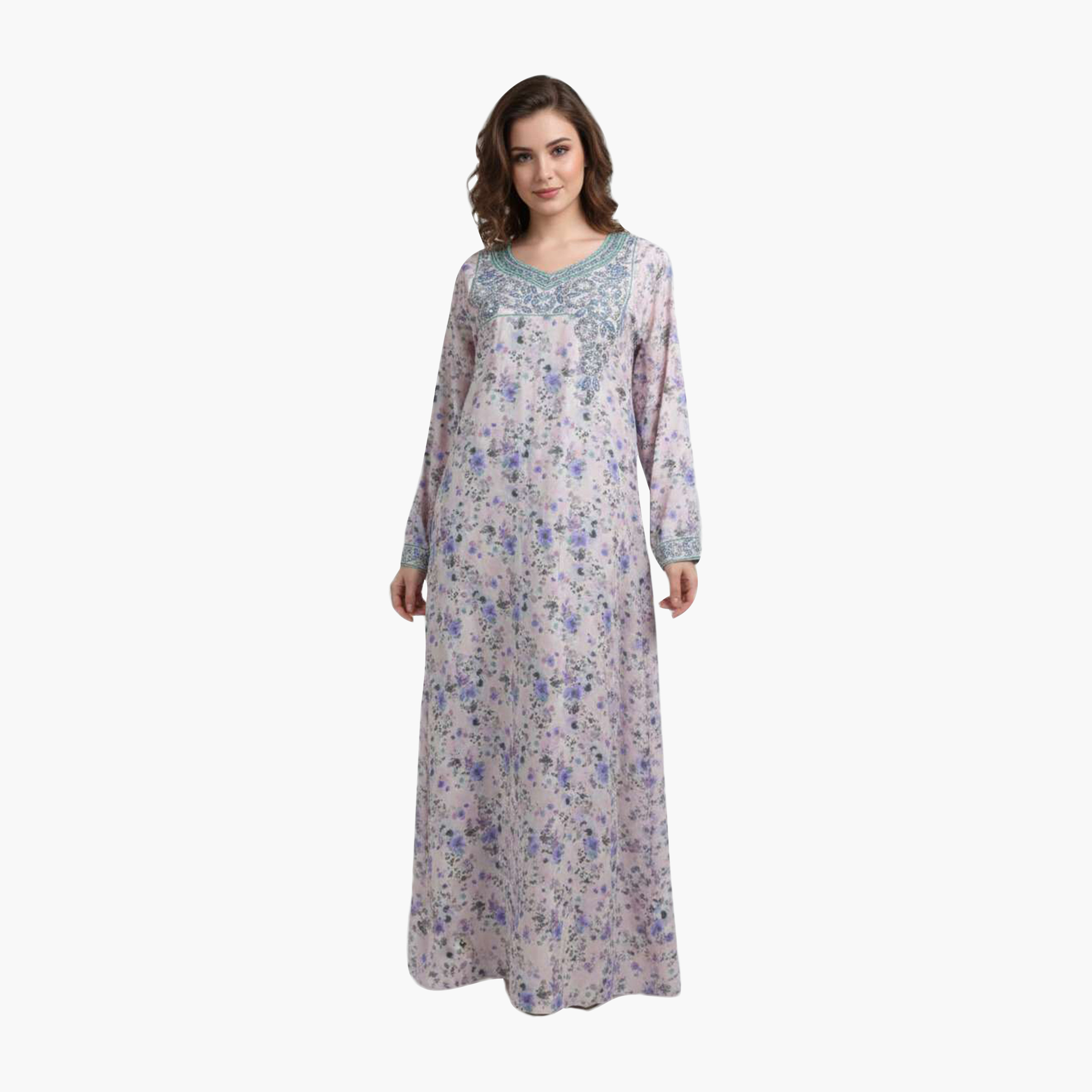 جلابية نسائية مطرزة بنقشة زهور من هنا اند سارة-women-arabicclothing-jalabiyas-image-1