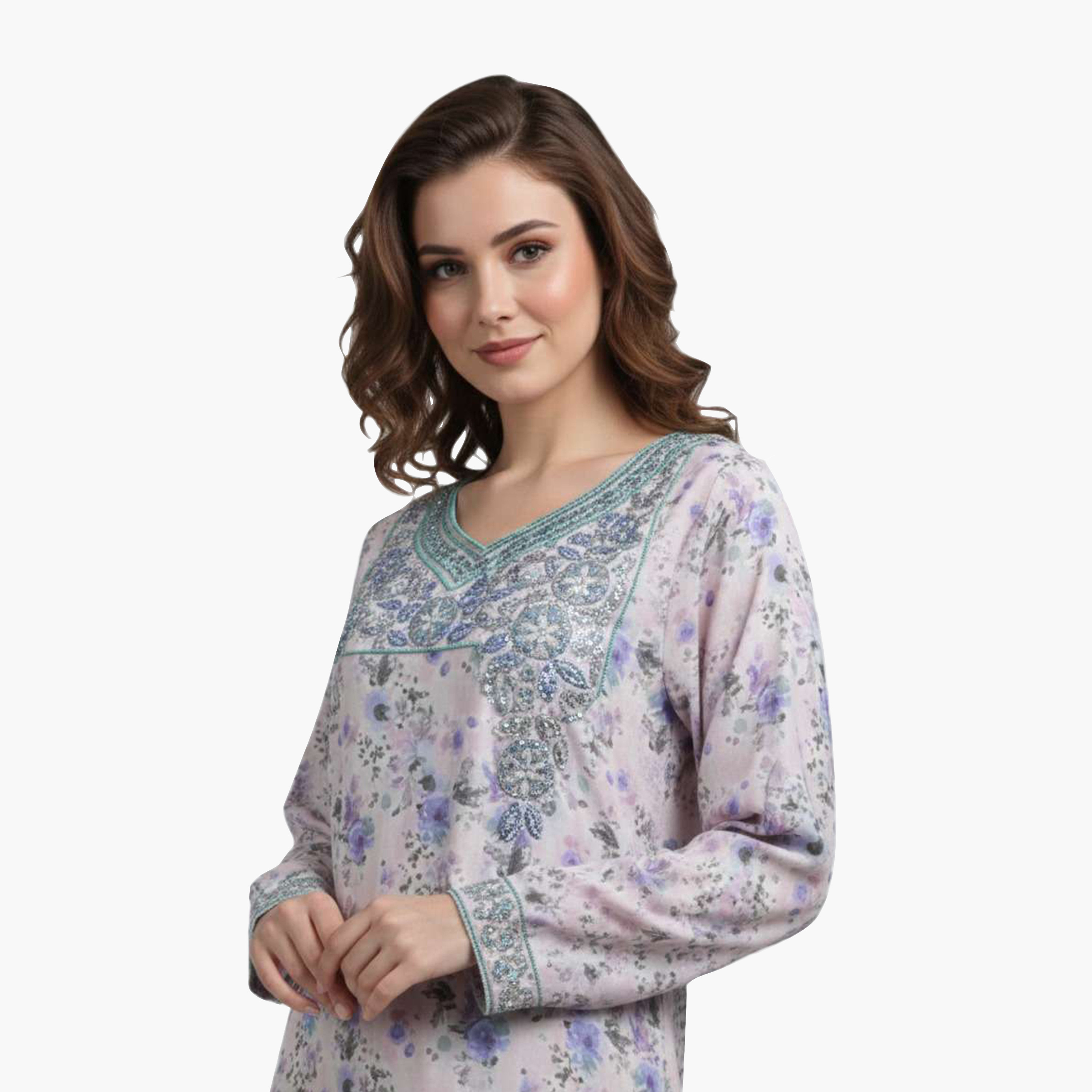 جلابية نسائية مطرزة بنقشة زهور من هنا اند سارة-women-arabicclothing-jalabiyas-image-2