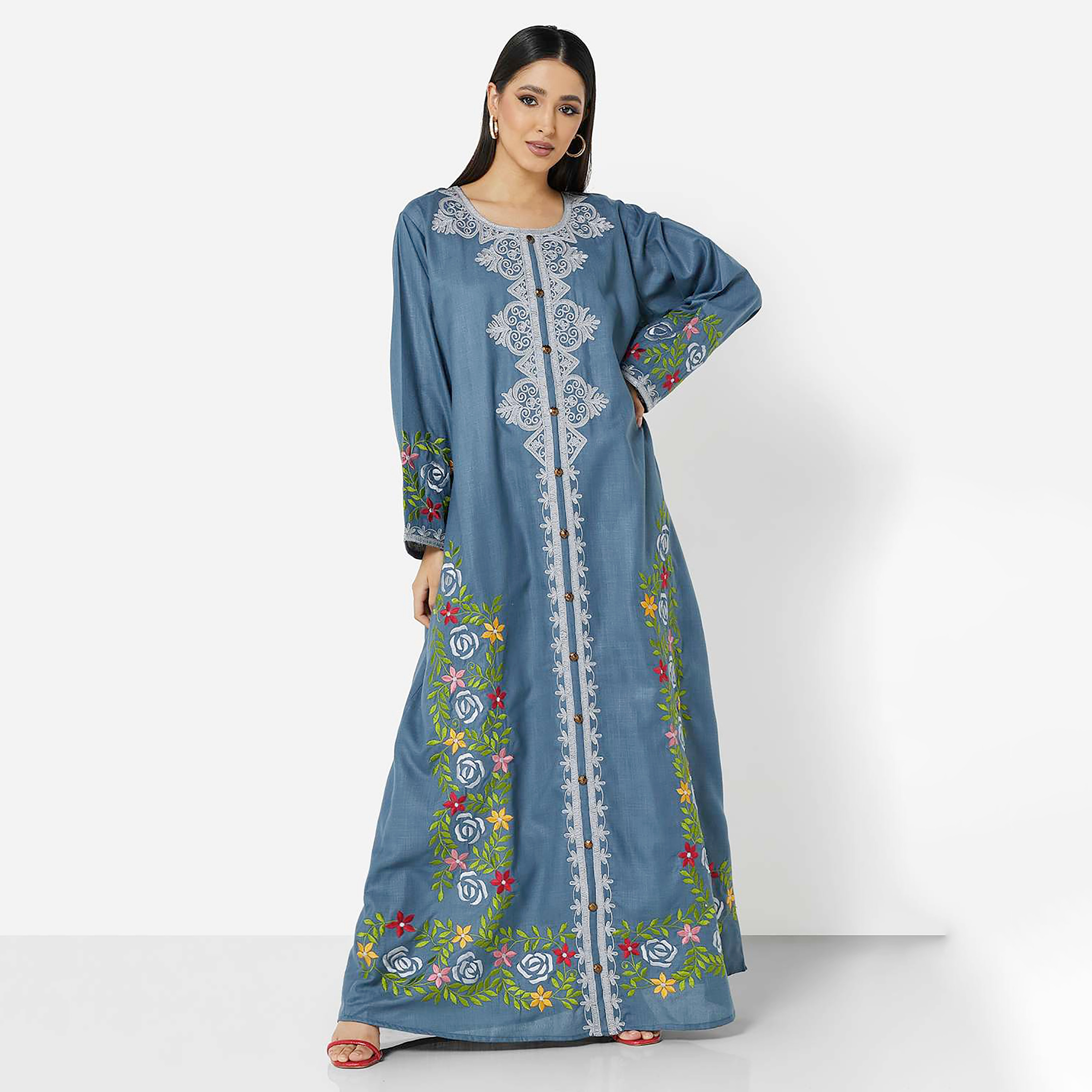Hana & Sara Blue Embroidered Women's Jalabiya-women-arabicclothing-jalabiyas-image-1