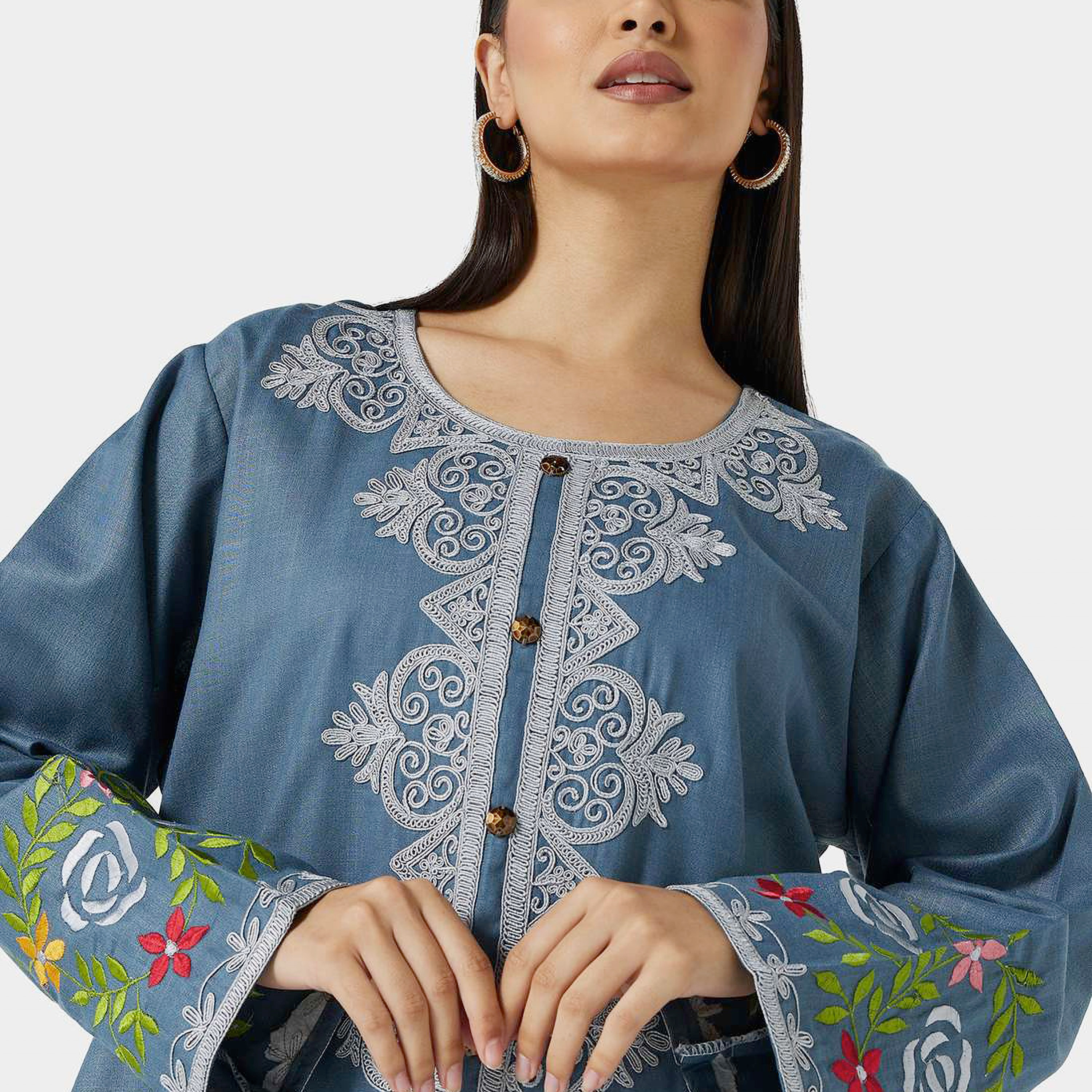 Hana & Sara Blue Embroidered Women's Jalabiya-women-arabicclothing-jalabiyas-image-2
