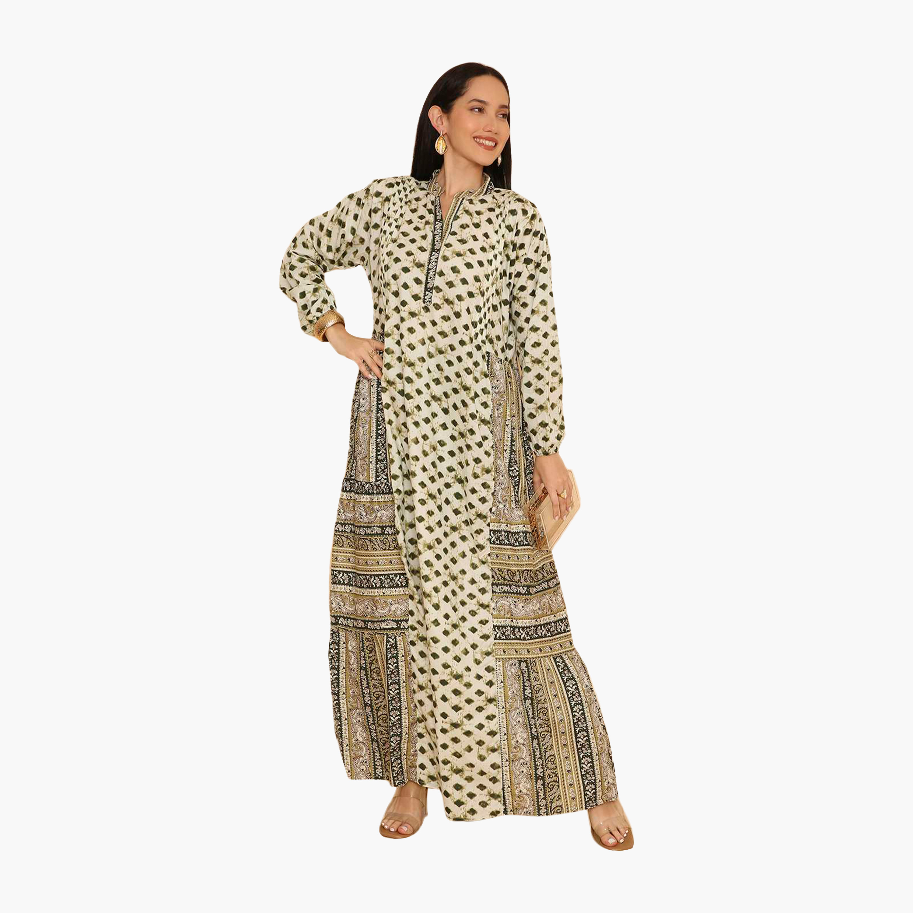 جلابية نسائية بياقة ماندرين ونقشة هندسية من هنا اند سارة-women-arabicclothing-jalabiyas-image-1