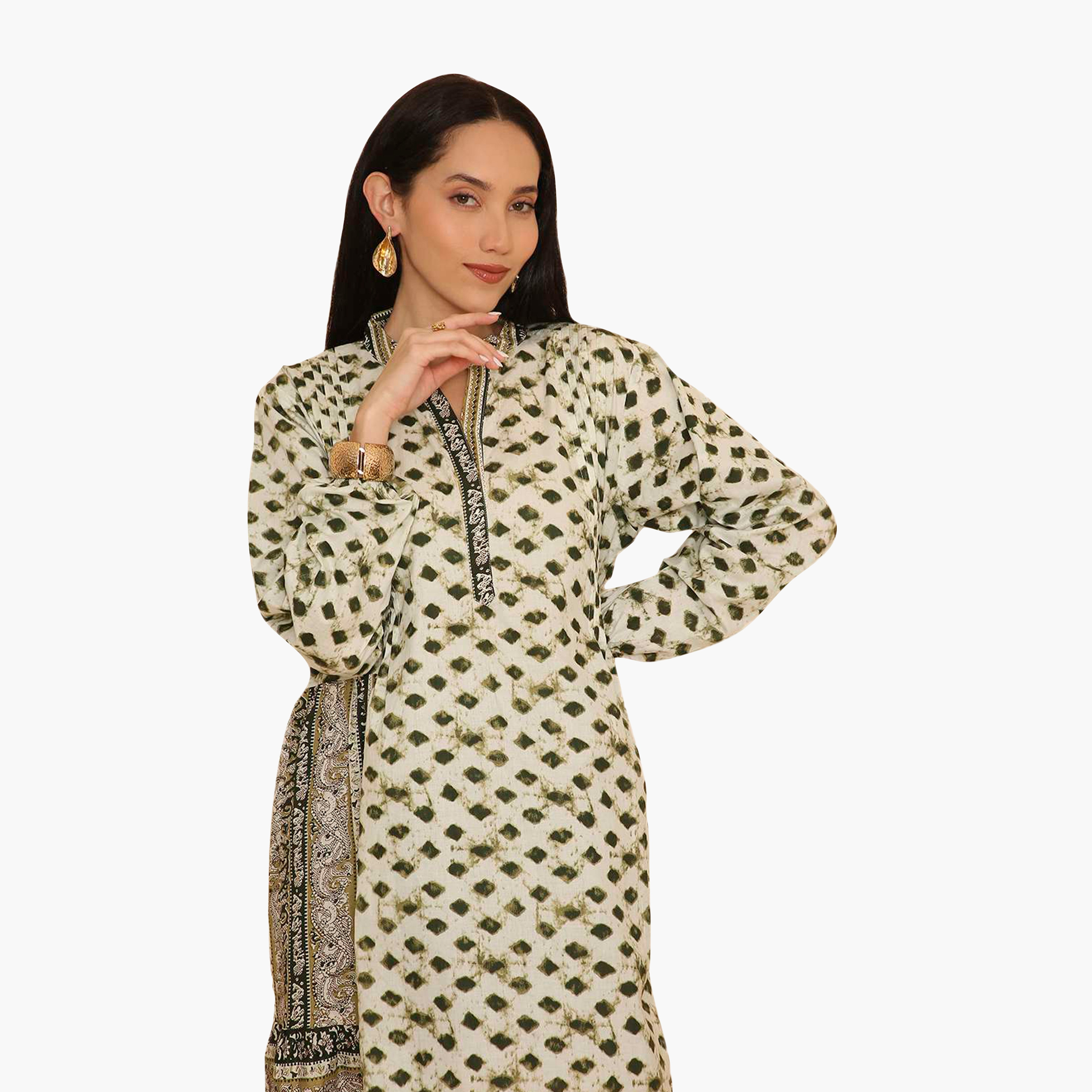 جلابية نسائية بياقة ماندرين ونقشة هندسية من هنا اند سارة-women-arabicclothing-jalabiyas-image-2
