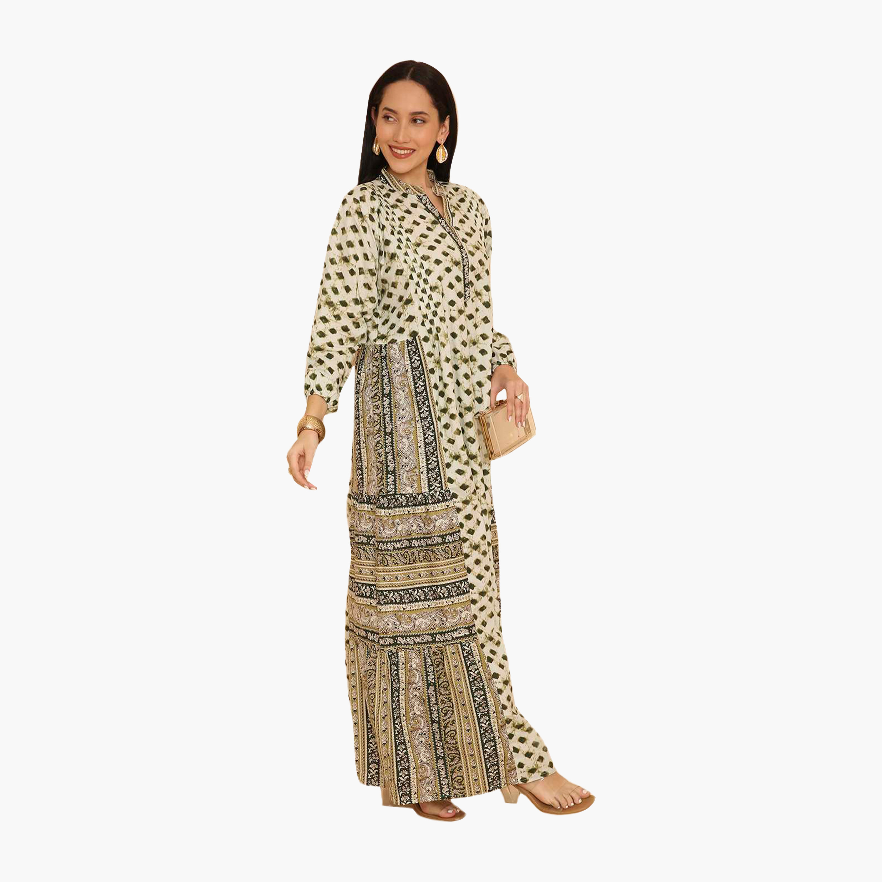 جلابية نسائية بياقة ماندرين ونقشة هندسية من هنا اند سارة-women-arabicclothing-jalabiyas-image-3