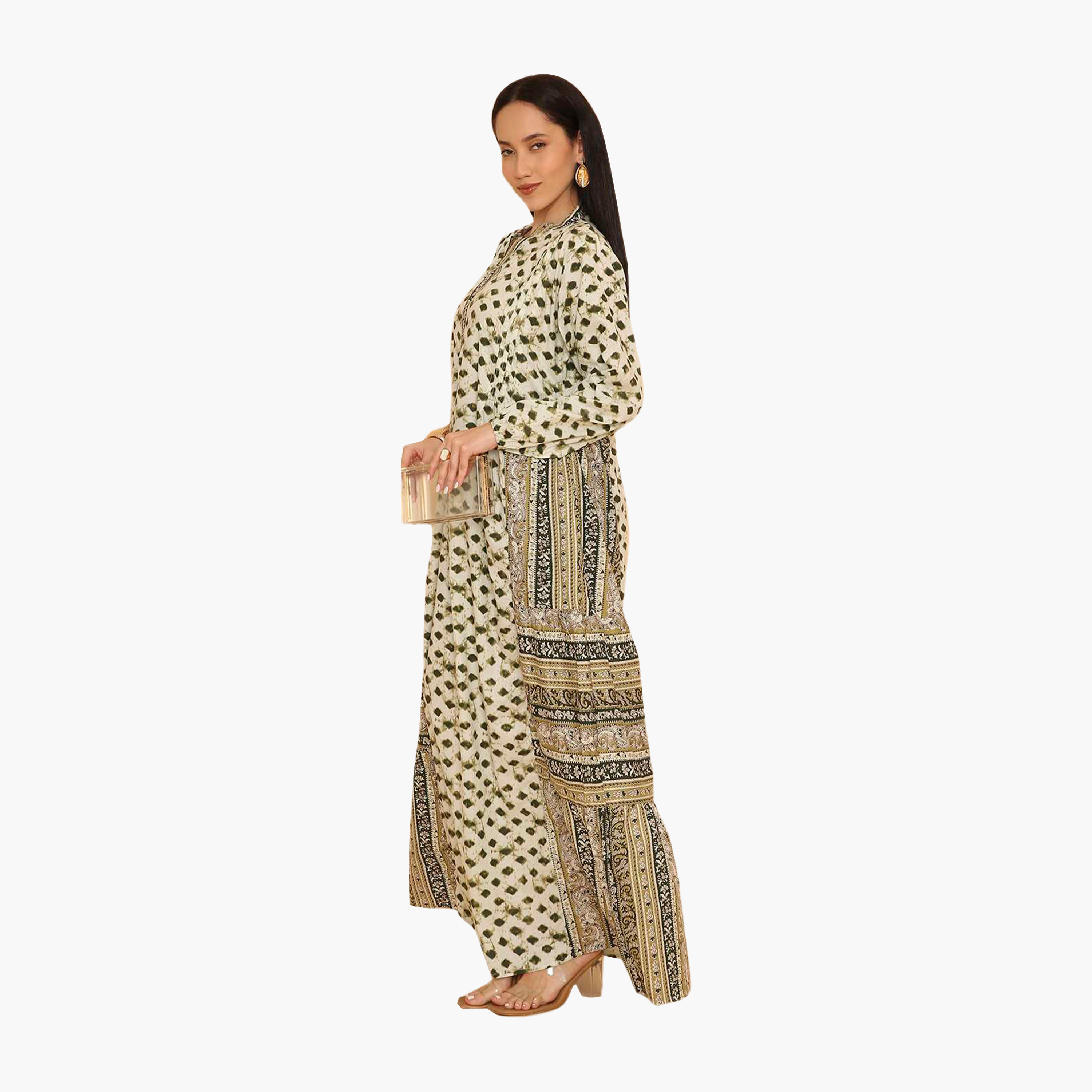 جلابية نسائية بياقة ماندرين ونقشة هندسية من هنا اند سارة-women-arabicclothing-jalabiyas-image-4
