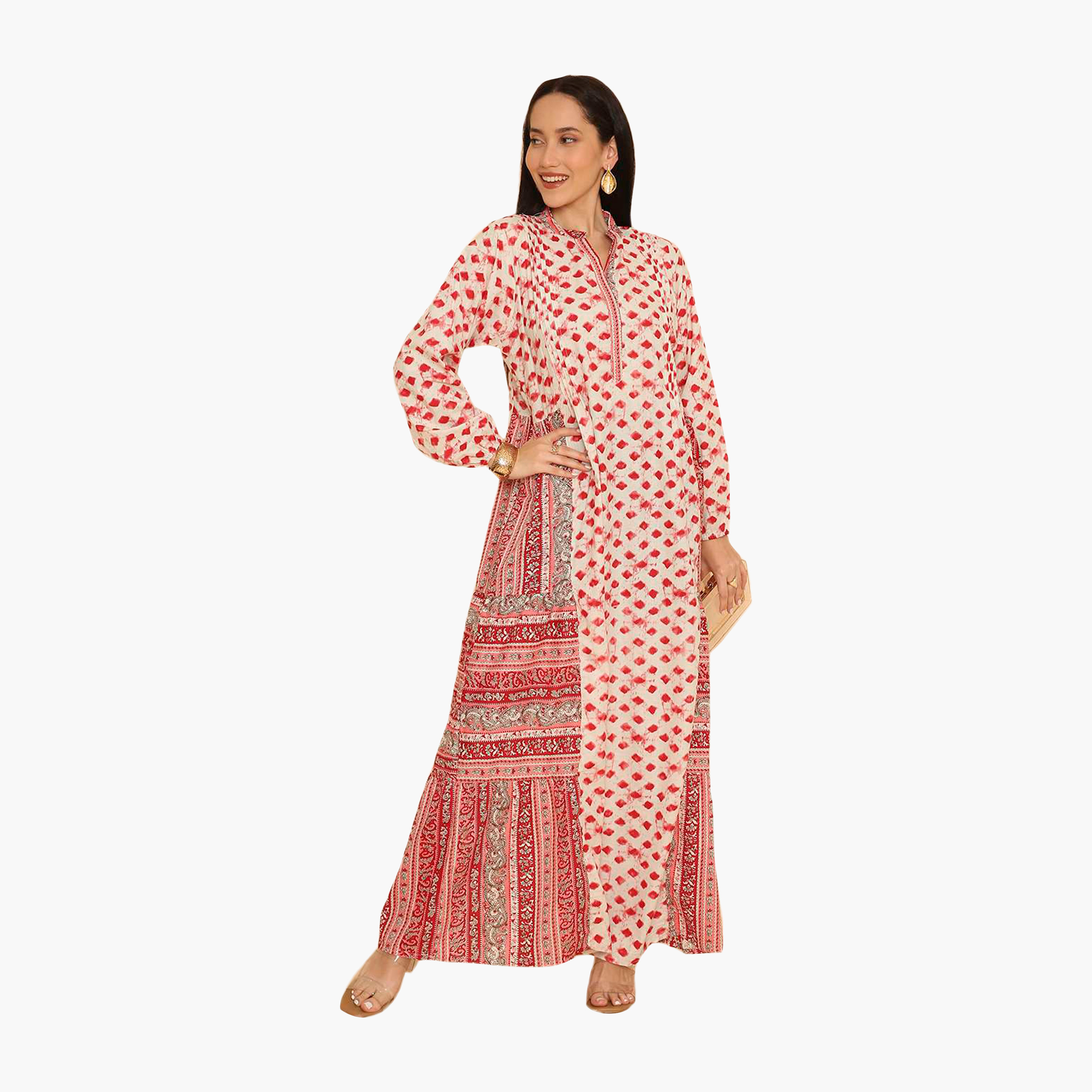 جلابية نسائية بياقة ماندرين ونقشة هندسية من هنا اند سارة-women-arabicclothing-jalabiyas-image-1