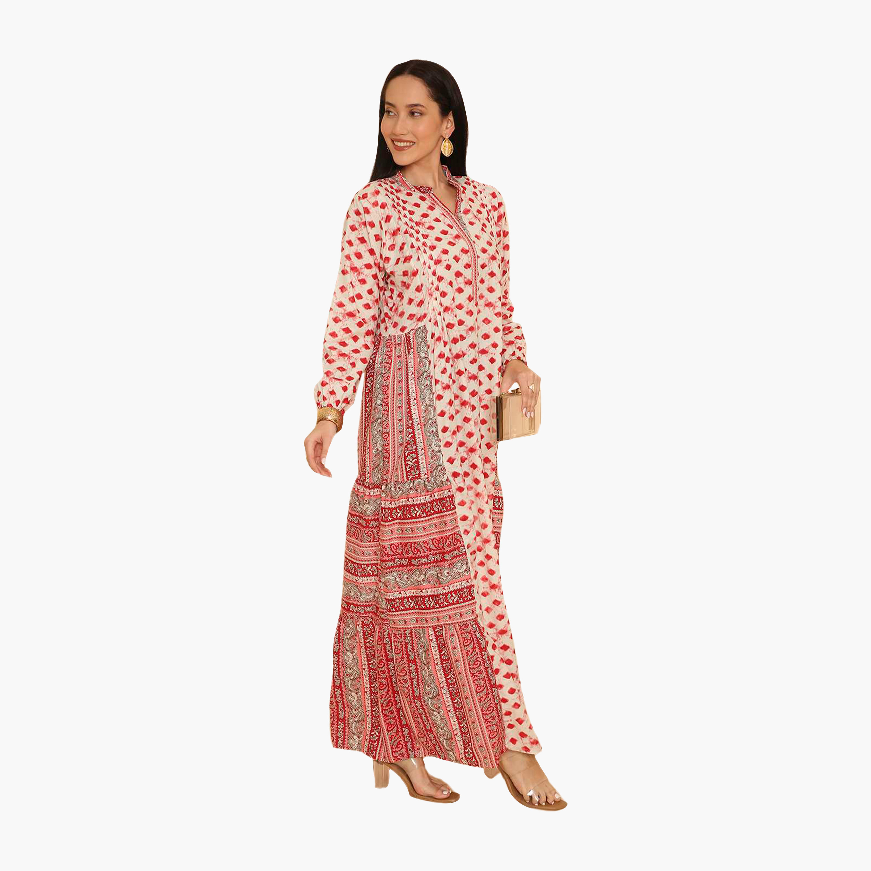 جلابية نسائية بياقة ماندرين ونقشة هندسية من هنا اند سارة-women-arabicclothing-jalabiyas-image-8