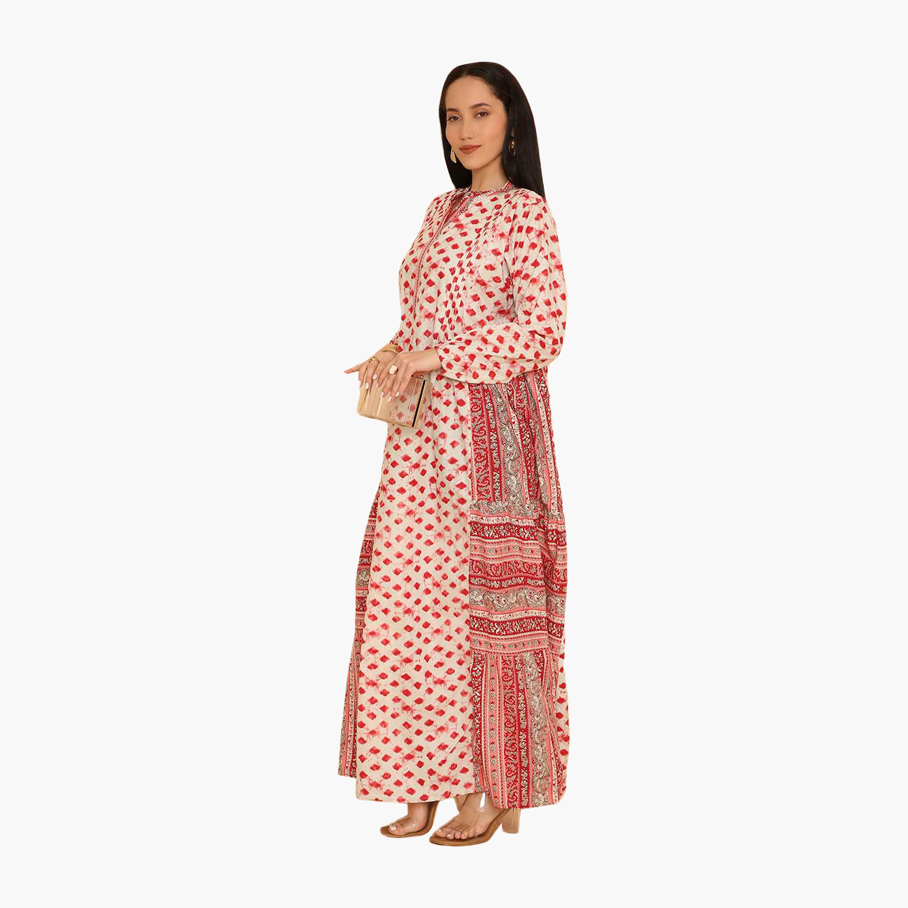 جلابية نسائية بياقة ماندرين ونقشة هندسية من هنا اند سارة-women-arabicclothing-jalabiyas-image-4