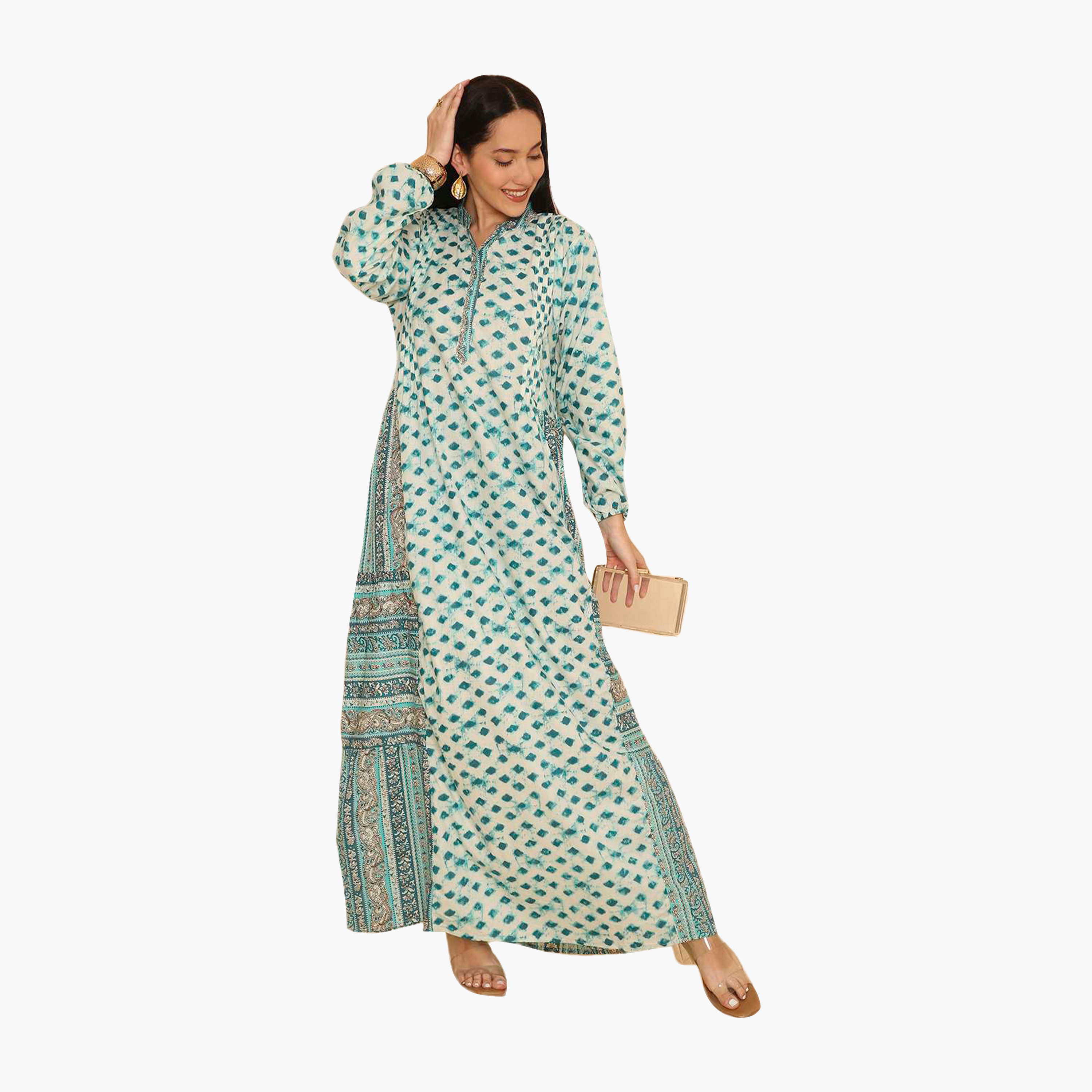 HanaandSara Geometric Print Mandarin Collar Women's Jalabiya-women-arabicclothing-jalabiyas-image-1