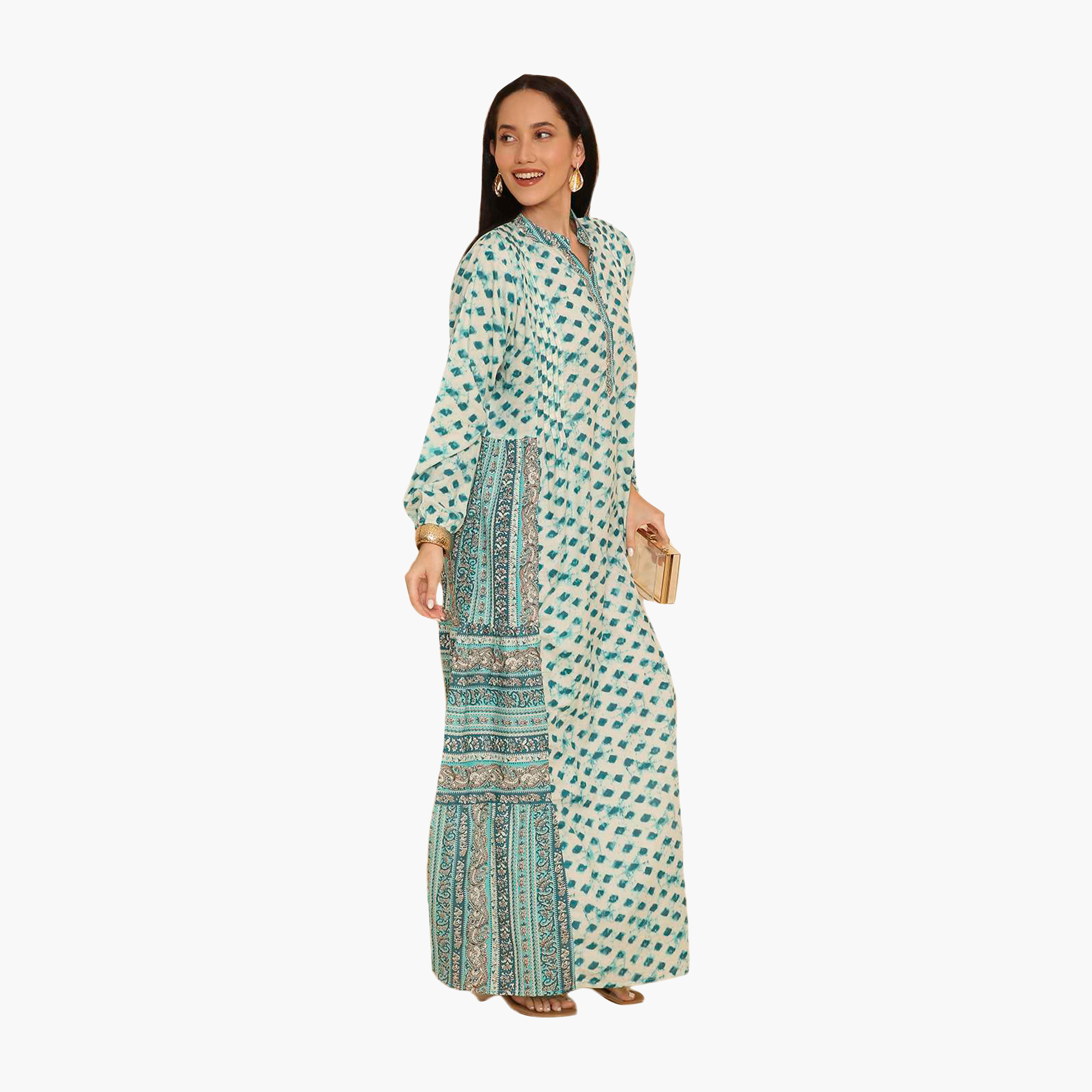 HanaandSara Geometric Print Mandarin Collar Women's Jalabiya-women-arabicclothing-jalabiyas-image-3