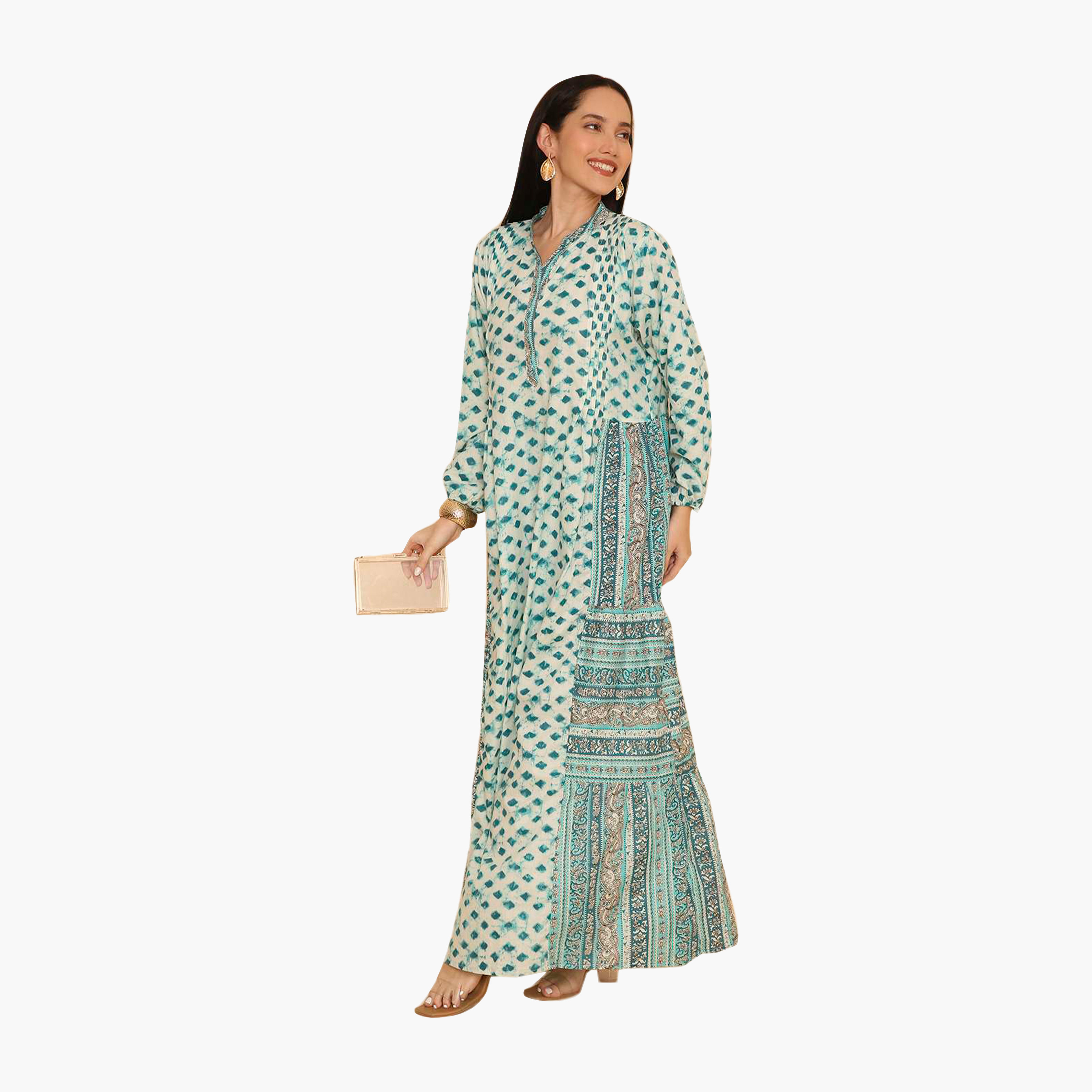 HanaandSara Geometric Print Mandarin Collar Women's Jalabiya-women-arabicclothing-jalabiyas-image-4