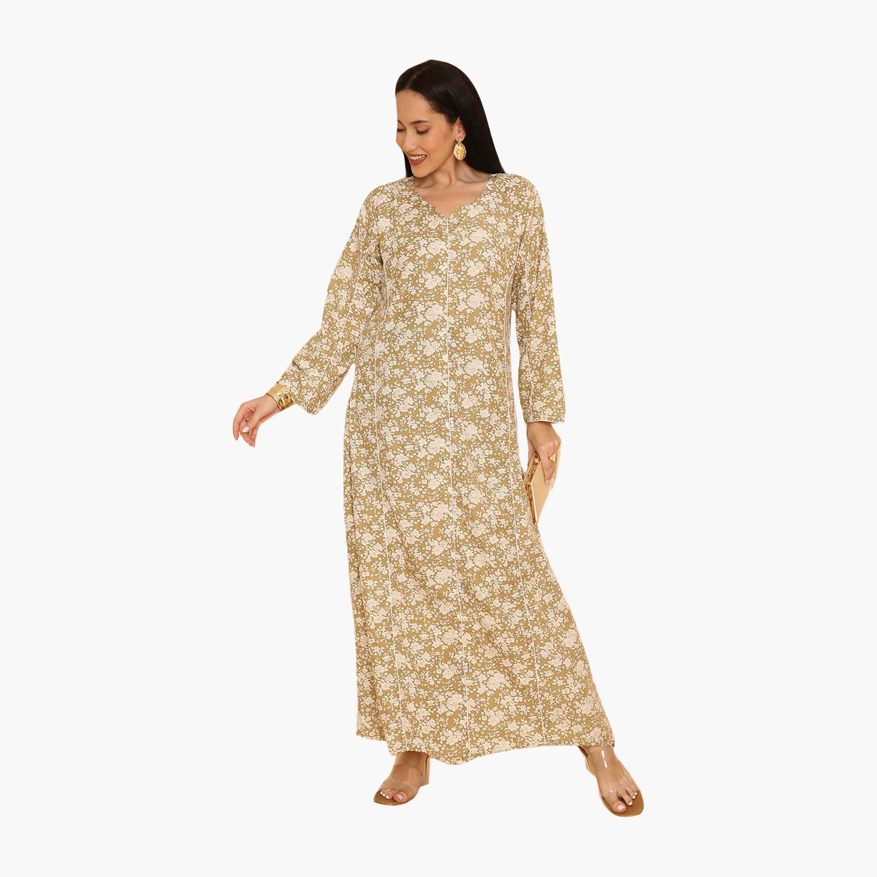 جلابية نسائية مطرزة بنقشة زهور وحواف مزخرفة من هنا اند سارة-women-arabicclothing-jalabiyas-image-1