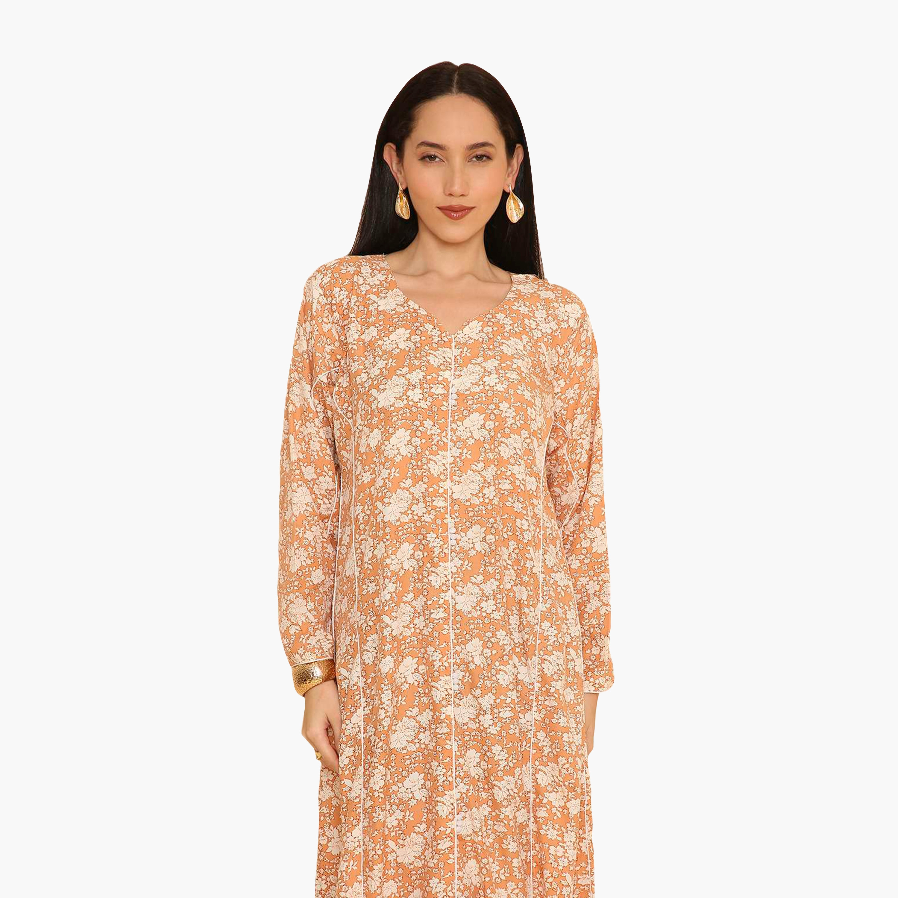 HanaandSara Floral Print & Piping Detailed Women's Jalabiya-women-arabicclothing-jalabiyas-image-2