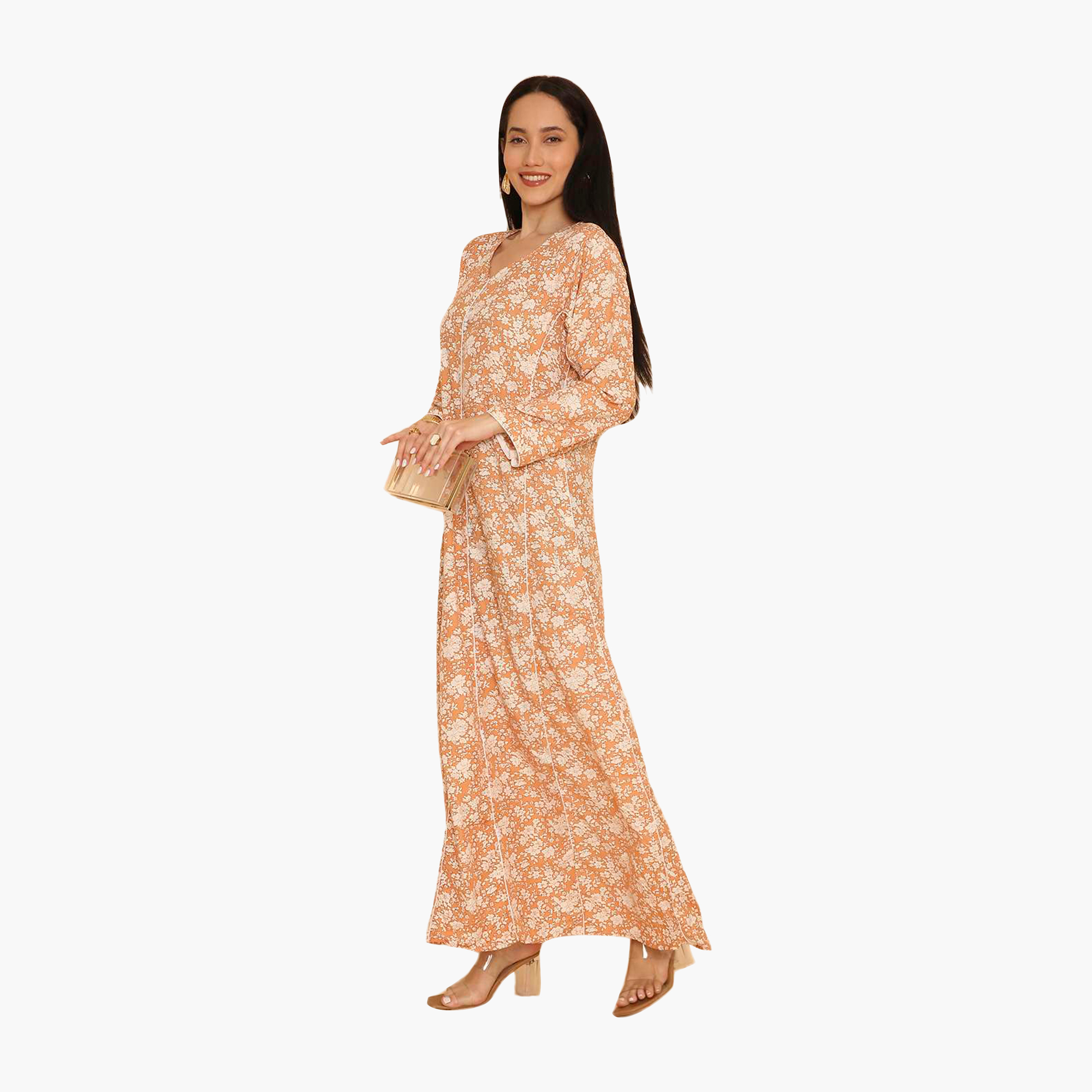 HanaandSara Floral Print & Piping Detailed Women's Jalabiya-women-arabicclothing-jalabiyas-image-4